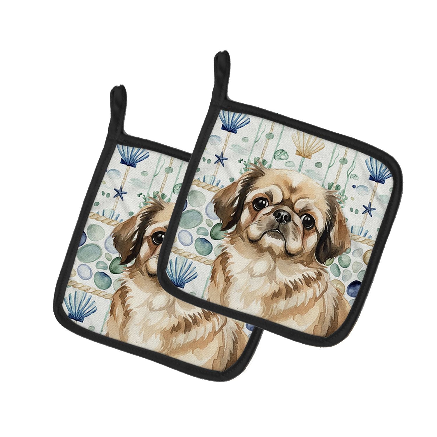 Sable Pekingese Coastal Sea Glass Pair of Pot Holders Pair 7.5x7.5 Quilted Insulated Hot Pads Decorative Kitchen Gift Made in US