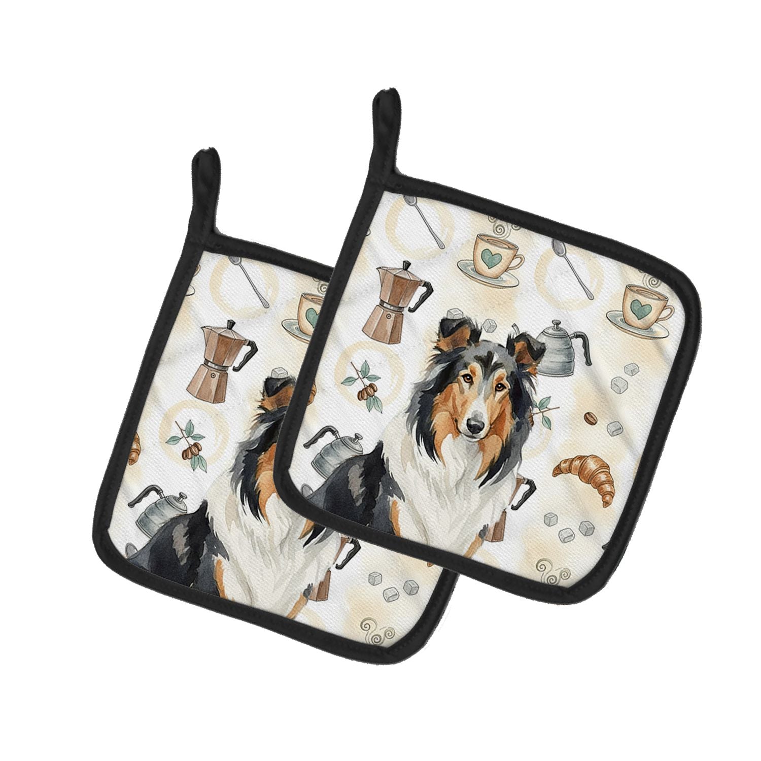 Tricolor Collie Coffee Bar Pair of Pot Holders Pair 7.5x7.5 Quilted Insulated Hot Pads Decorative Kitchen Gift Made in USA