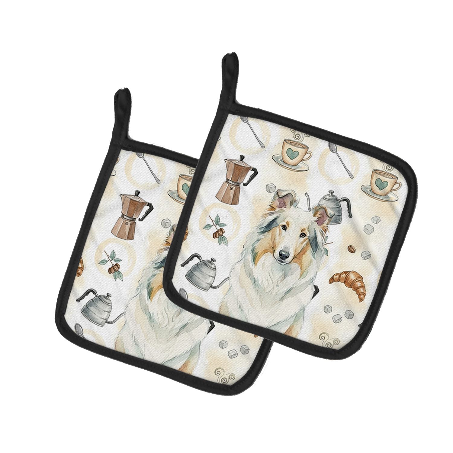 White Collie Coffee Bar Pair of Pot Holders Pair 7.5x7.5 Quilted Insulated Hot Pads Decorative Kitchen Gift Made in USA