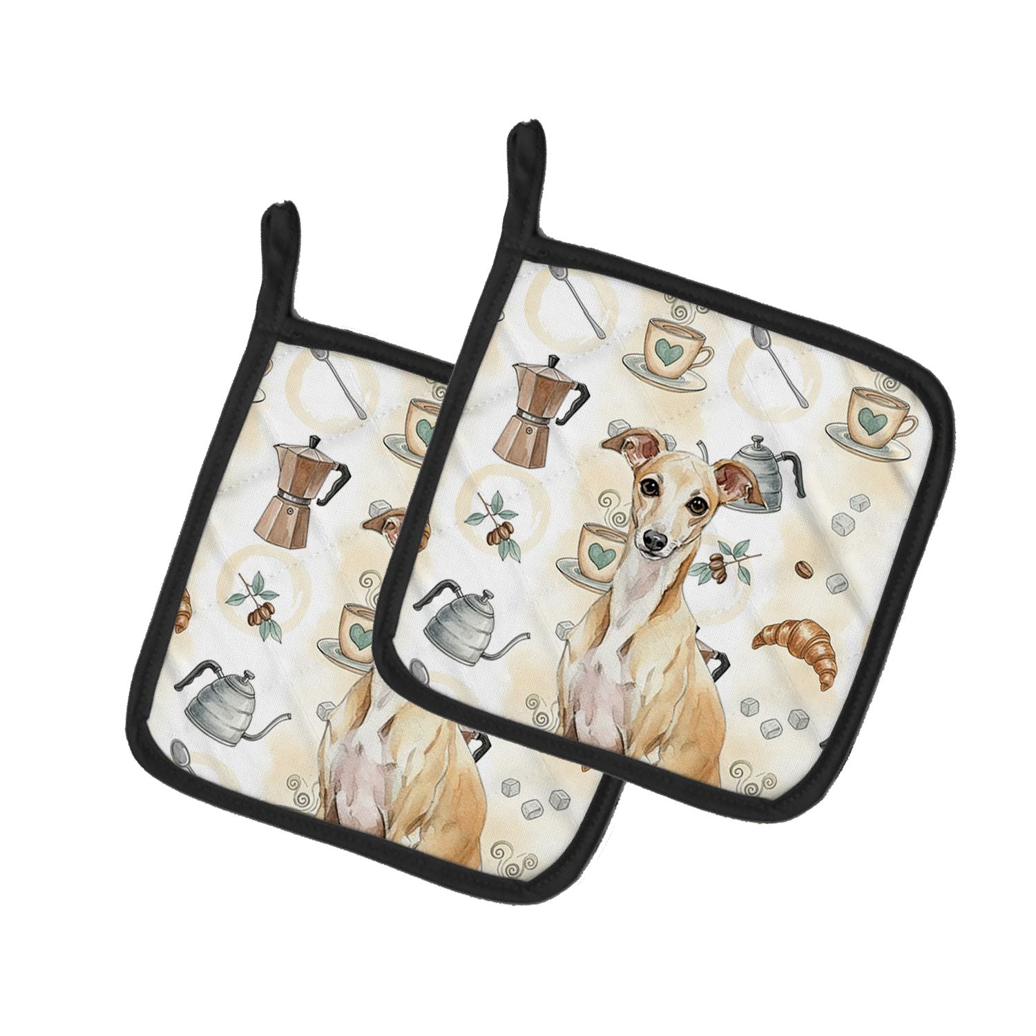 Fawn Italian Greyhound Coffee Bar Pair of Pot Holders Pair 7.5x7.5 Quilted Insulated Hot Pads Decorative Kitchen Gift Made in US