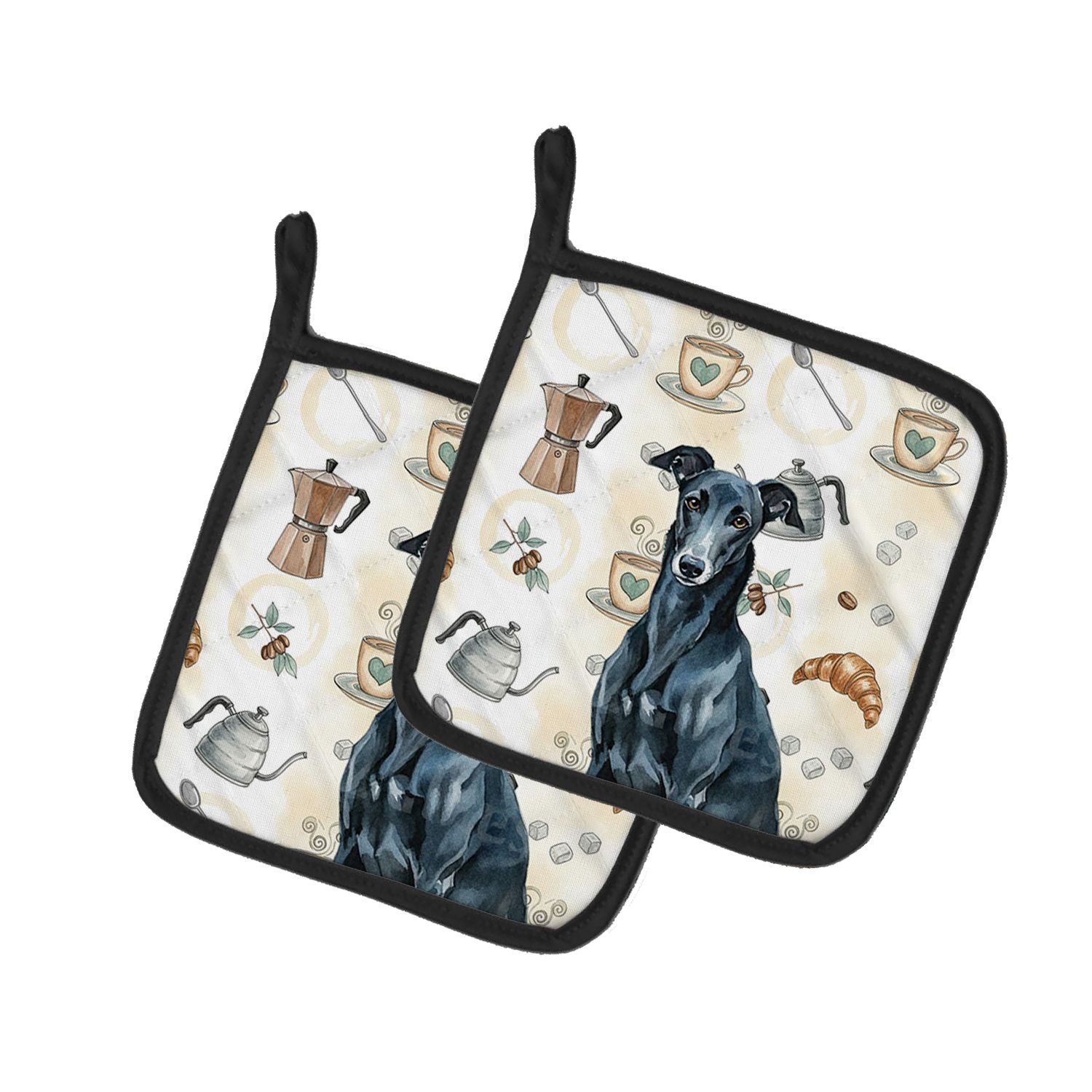 Black Greyhound Coffee Bar Pair of Pot Holders Pair 7.5x7.5 Quilted Insulated Hot Pads Decorative Kitchen Gift Made in USA