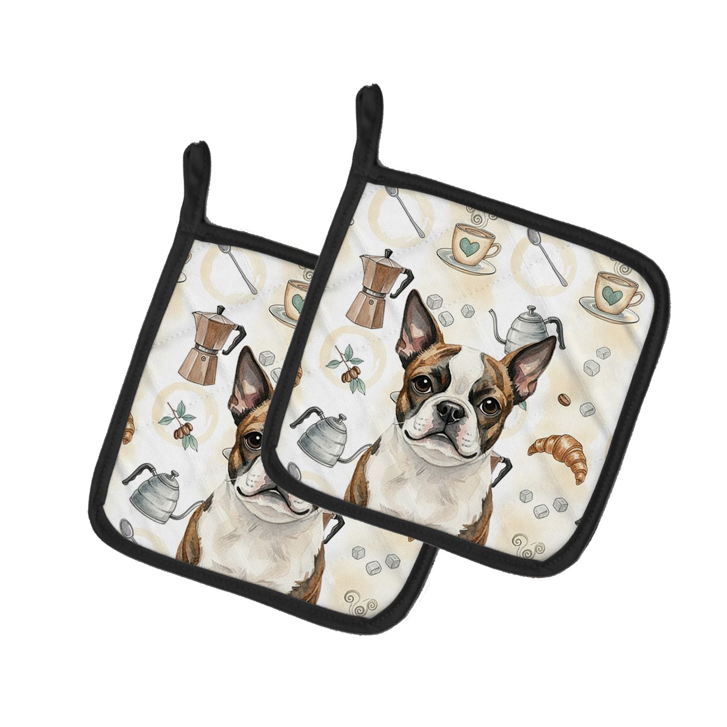Brindle Boston Terrier Coffee Bar Pair of Pot Holders Pair 7.5x7.5 Quilted Insulated Hot Pads Decorative Kitchen Gift Made in US