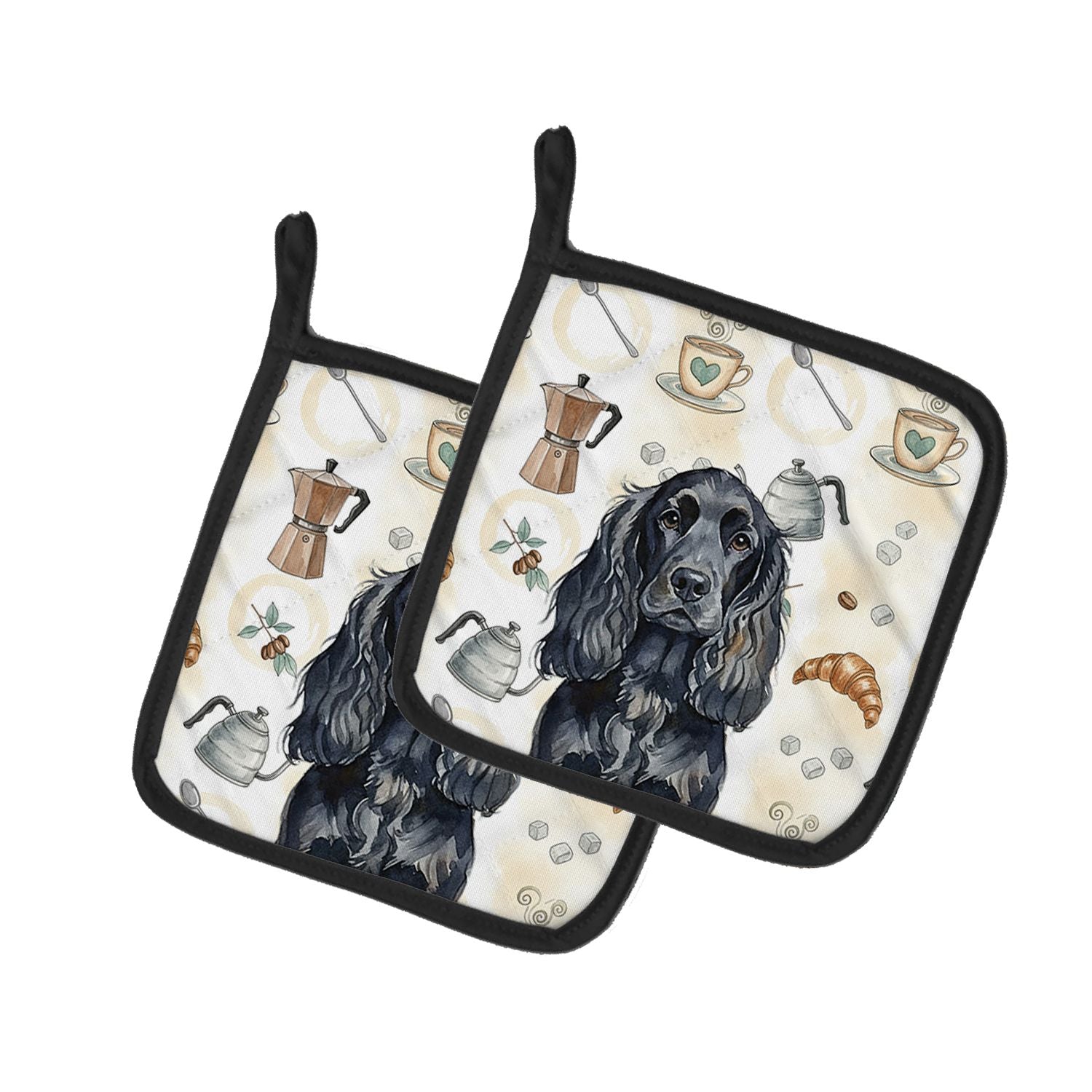 Black English Cocker Spaniel Coffee Bar Pair of Pot Holders Pair 7.5x7.5 Quilted Insulated Hot Pads Decorative Kitchen Gift Made