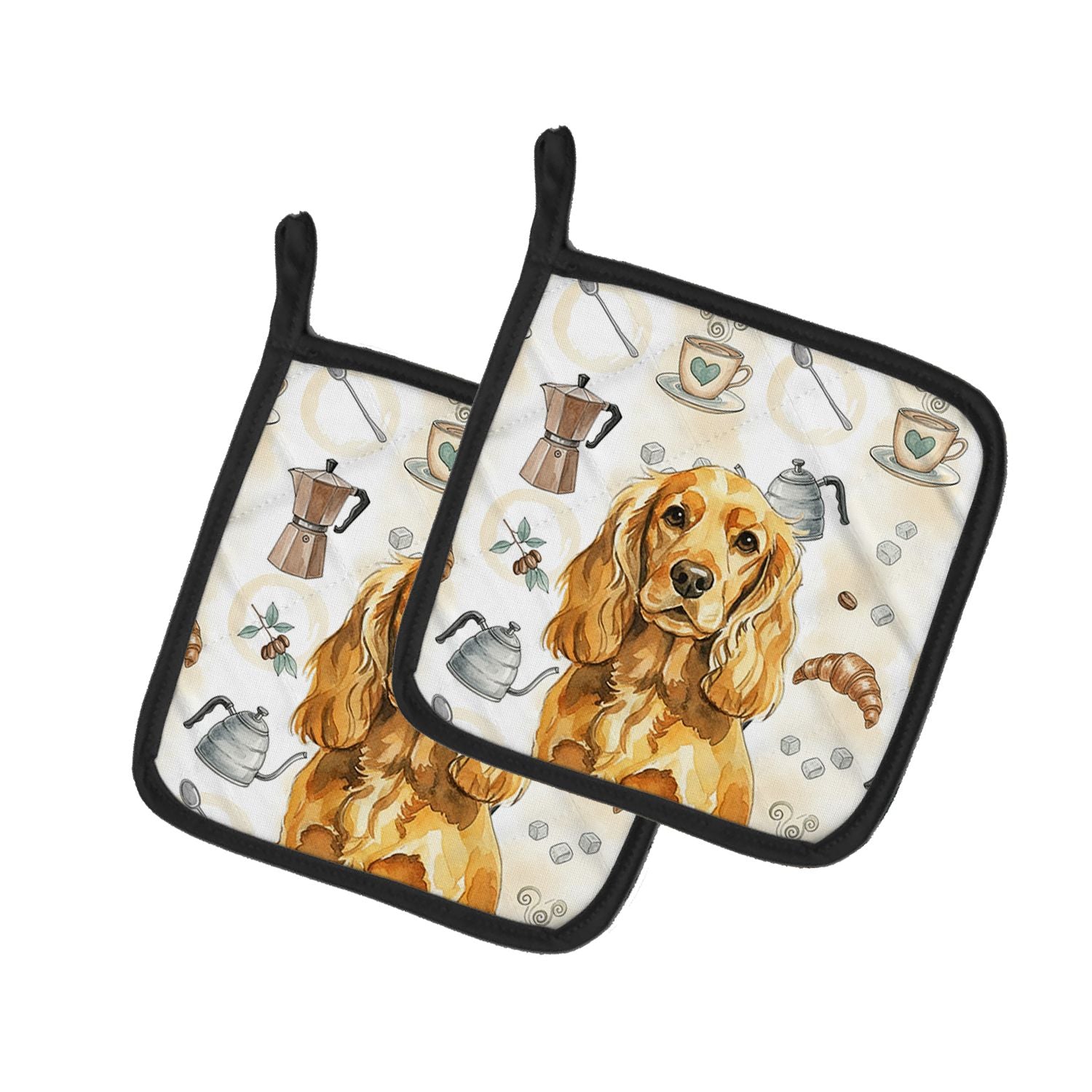 Golden English Cocker Spaniel Coffee Bar Pair of Pot Holders Pair 7.5x7.5 Quilted Insulated Hot Pads Decorative Kitchen Gift Mad