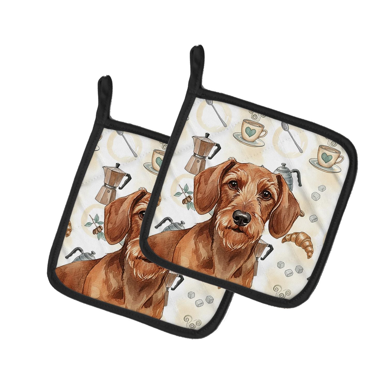 Wirehaired Red Dachshund Coffee Bar Pair of Pot Holders Pair 7.5x7.5 Quilted Insulated Hot Pads Decorative Kitchen Gift Made in 