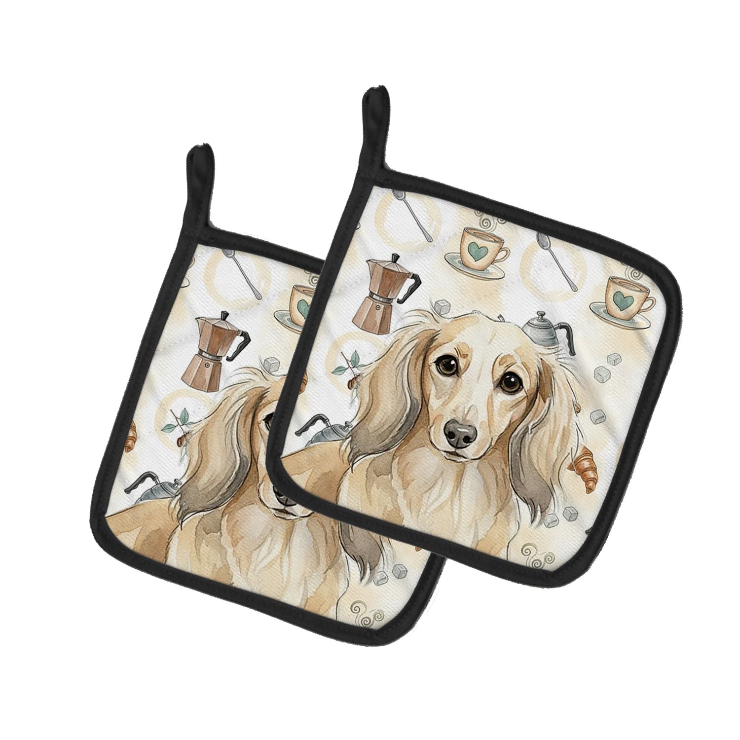 Longhaired Cream Dachshund Coffee Bar Pair of Pot Holders Pair 7.5x7.5 Quilted Insulated Hot Pads Decorative Kitchen Gift Made i