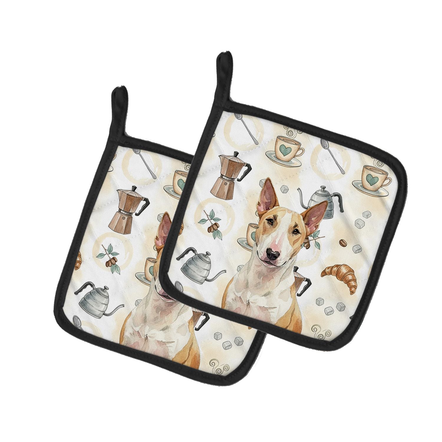 Fawn and White Bull Terrier Coffee Bar Pair of Pot Holders Pair 7.5x7.5 Quilted Insulated Hot Pads Decorative Kitchen Gift Made 