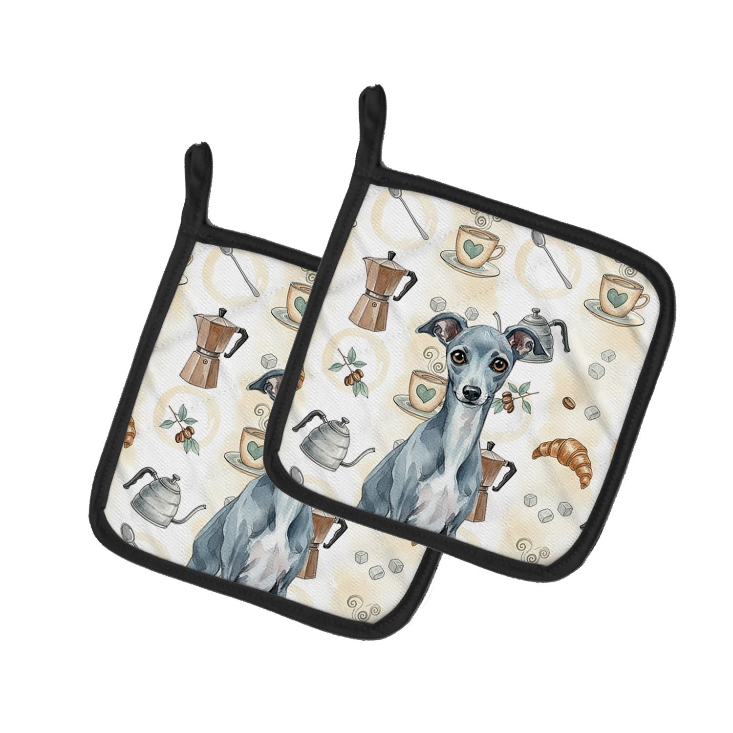 Blue Italian Greyhound Coffee Bar Pair of Pot Holders Pair 7.5x7.5 Quilted Insulated Hot Pads Decorative Kitchen Gift Made in US