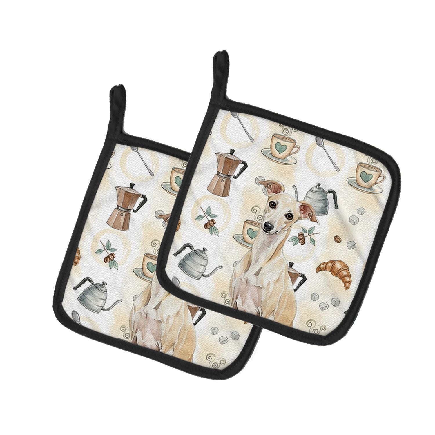 Cream Italian Greyhound Coffee Bar Pair of Pot Holders Pair 7.5x7.5 Quilted Insulated Hot Pads Decorative Kitchen Gift Made in U