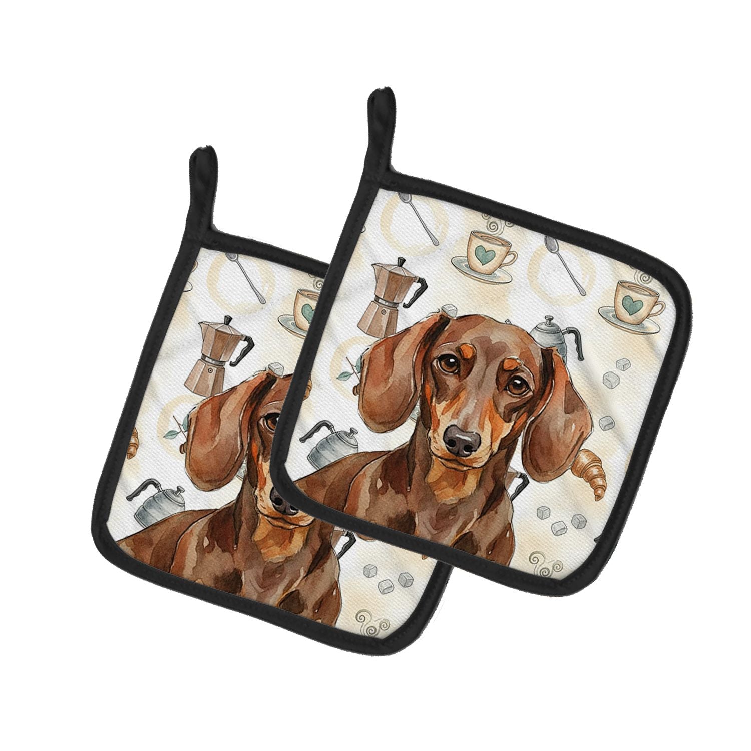 Chocolate and Tan Dachshund Coffee Bar Pair of Pot Holders Pair 7.5x7.5 Quilted Insulated Hot Pads Decorative Kitchen Gift Made 