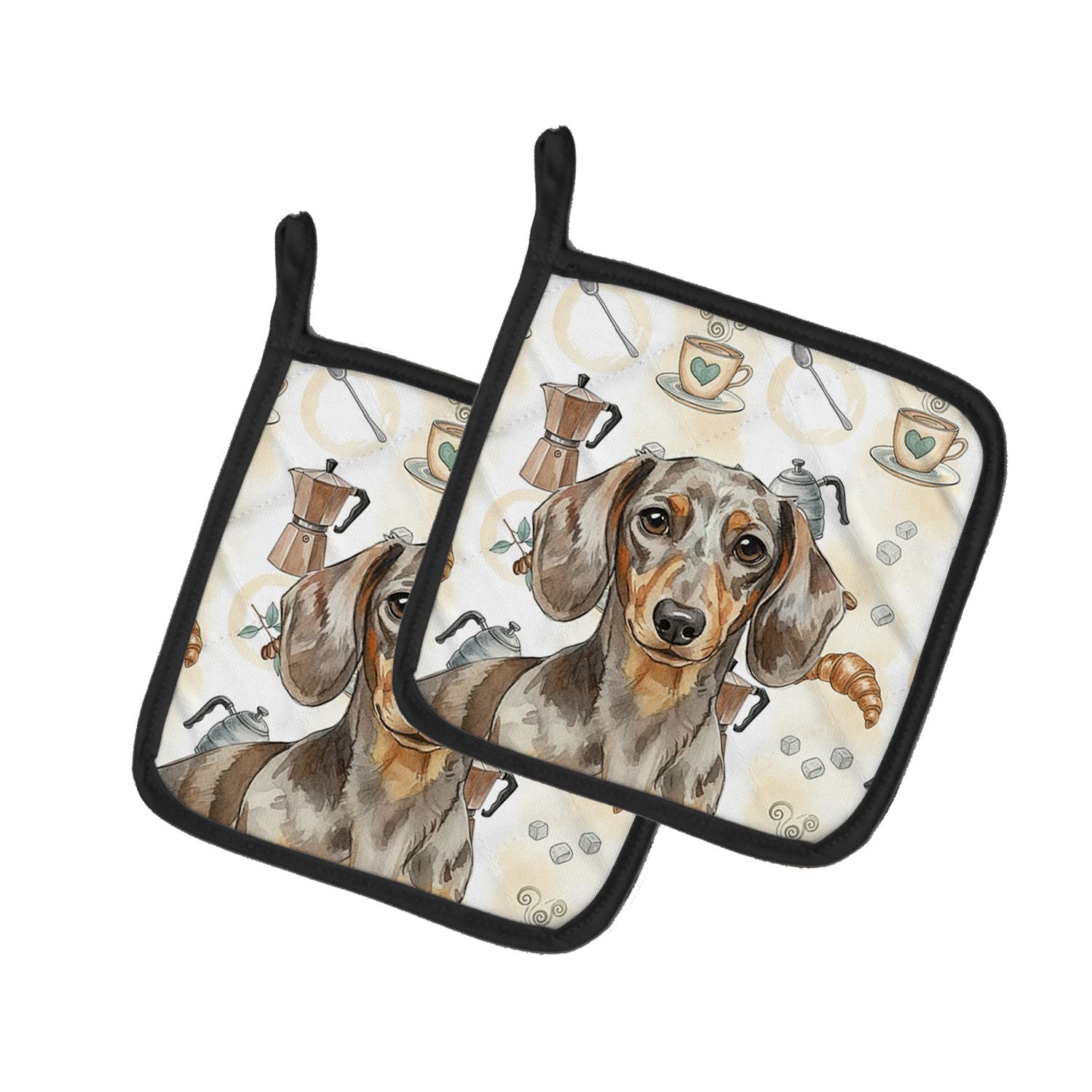 Dapple Dachshund Coffee Bar Pair of Pot Holders Pair 7.5x7.5 Quilted Insulated Hot Pads Decorative Kitchen Gift Made in USA