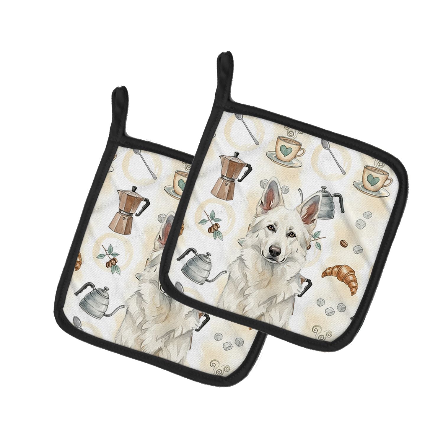 White German Shepherd Coffee Bar Pair of Pot Holders Pair 7.5x7.5 Quilted Insulated Hot Pads Decorative Kitchen Gift Made in USA