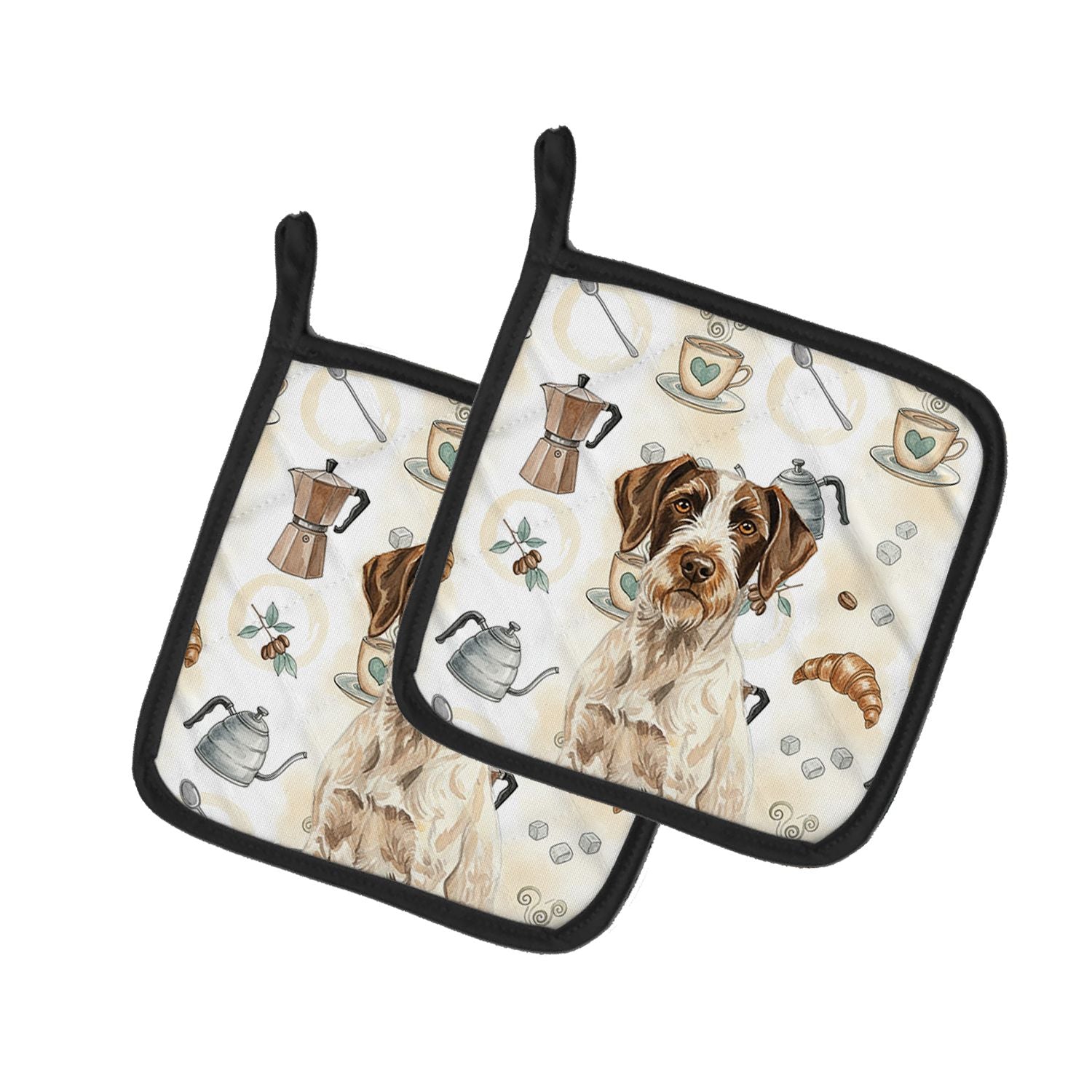 Liver and White German Wirehaired Pointer Coffee Bar Pair of Pot Holders Pair 7.5x7.5 Quilted Insulated Hot Pads Decorative Kitc