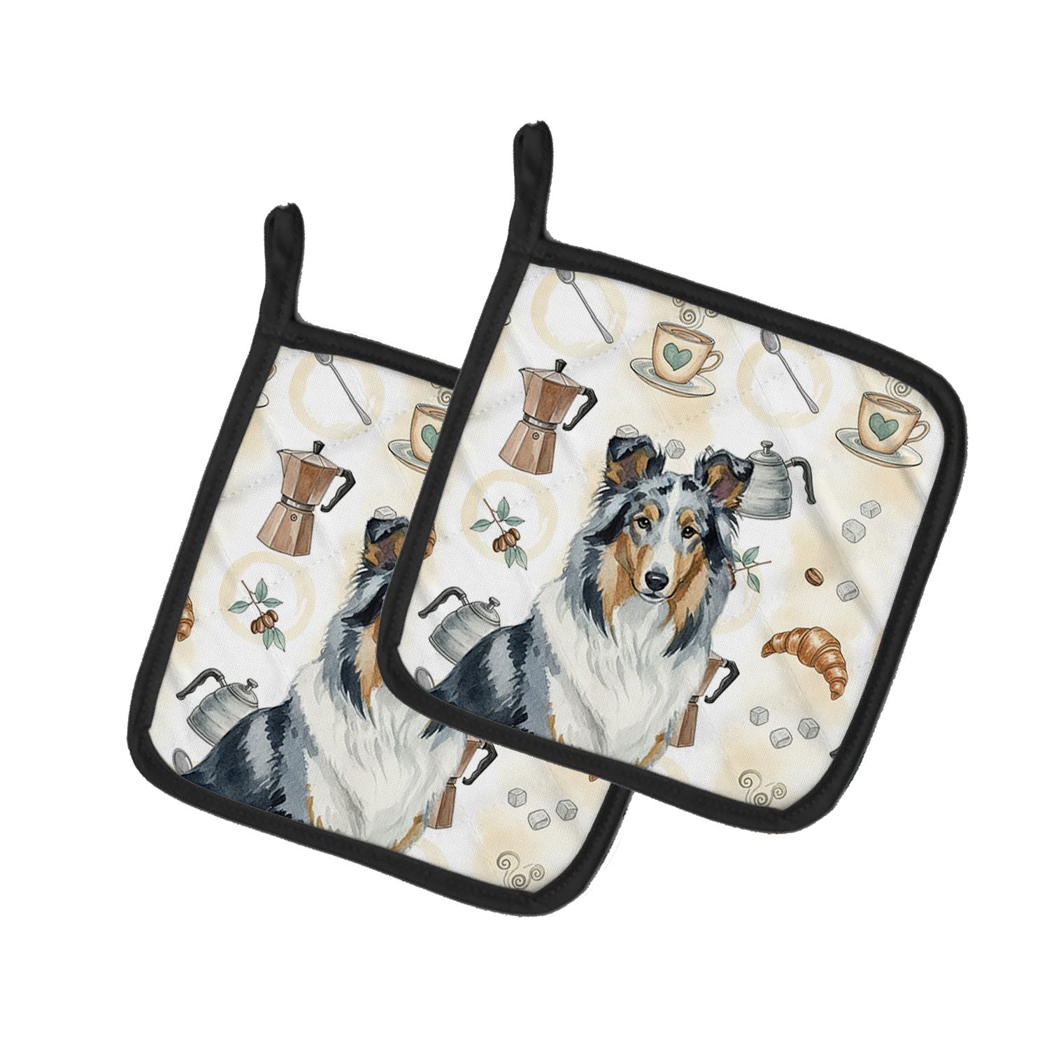 Blue Merle Collie Coffee Bar Pair of Pot Holders Pair 7.5x7.5 Quilted Insulated Hot Pads Decorative Kitchen Gift Made in USA