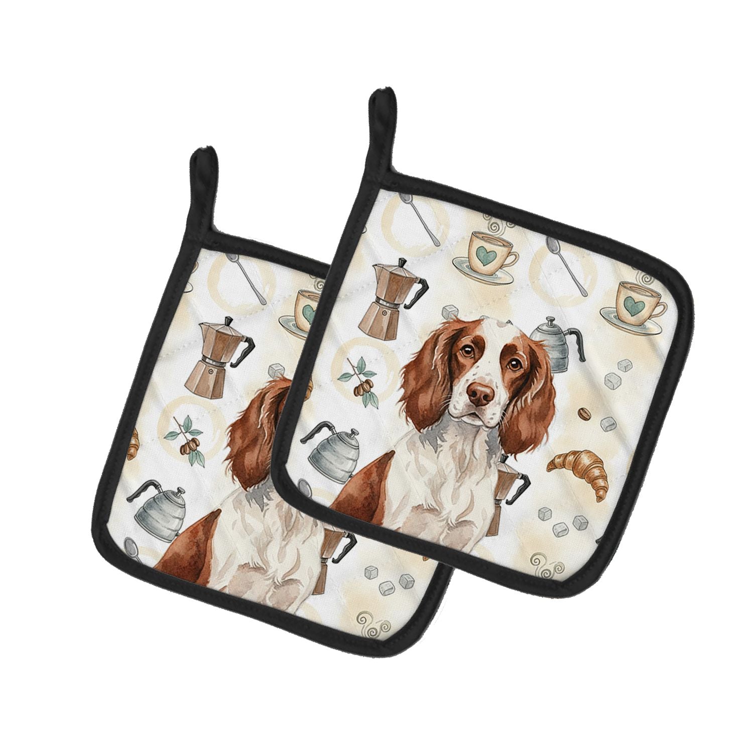 Liver and White English Springer Spaniel Coffee Bar Pair of Pot Holders Pair 7.5x7.5 Quilted Insulated Hot Pads Decorative Kitch
