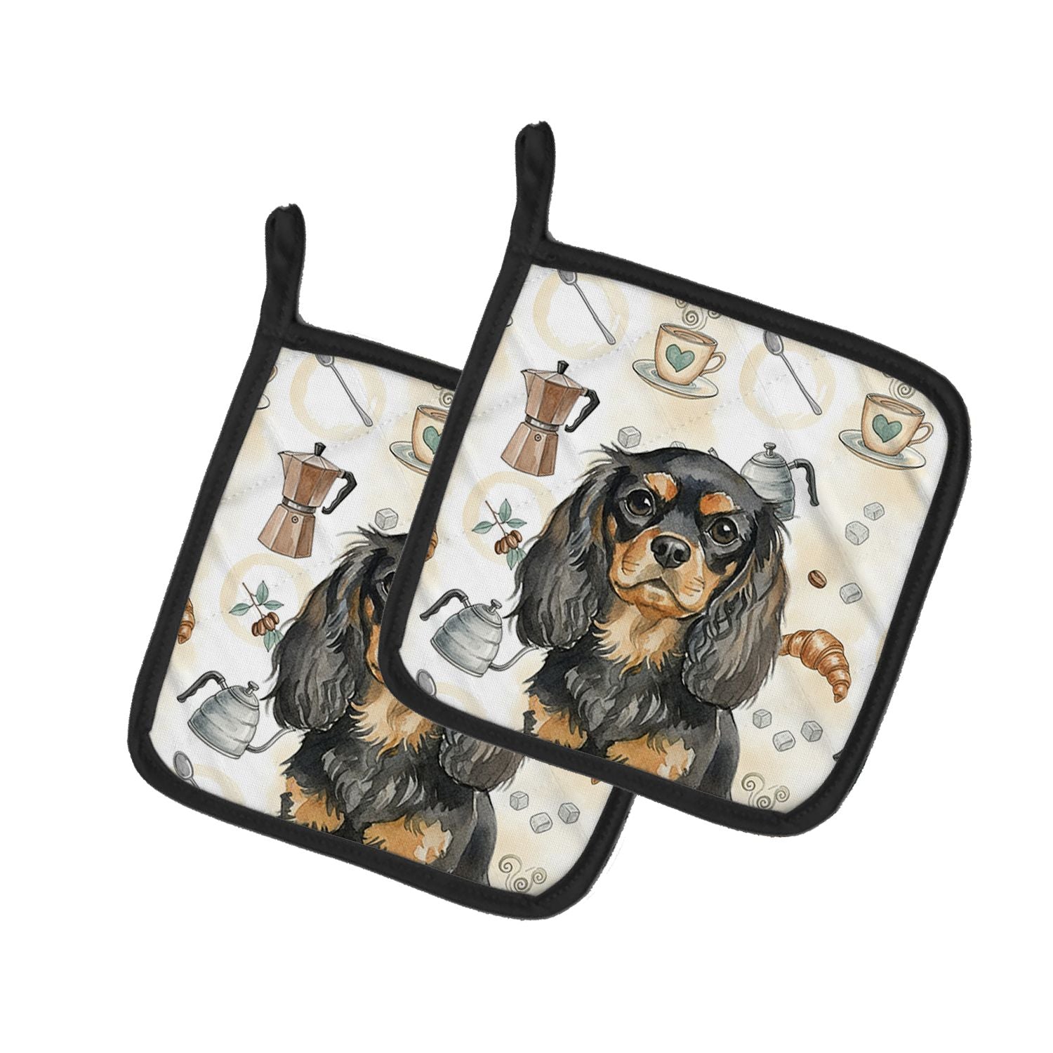 Black and Tan English Toy Spaniel Coffee Bar Pair of Pot Holders Pair 7.5x7.5 Quilted Insulated Hot Pads Decorative Kitchen Gift