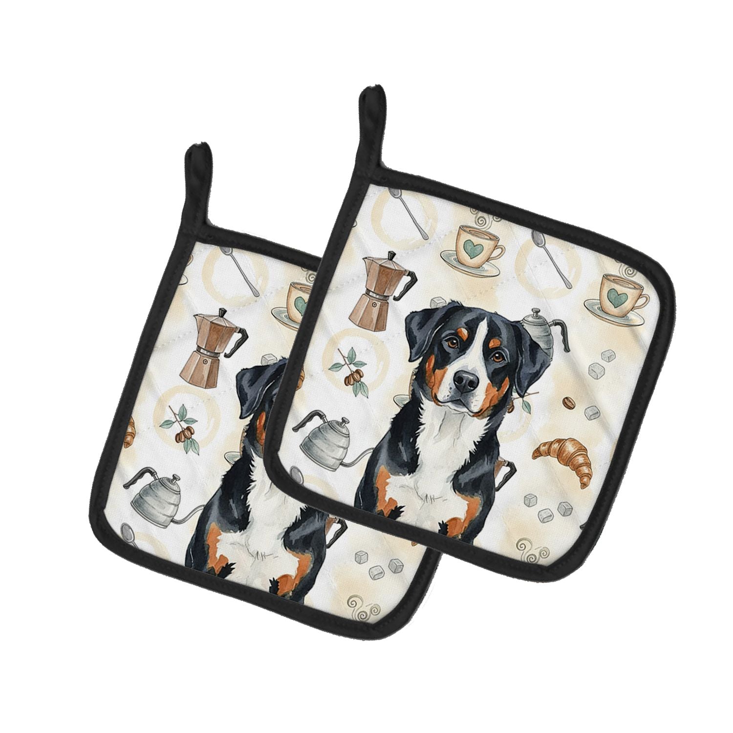 Greater Swiss Mountain Dog Coffee Bar Pair of Pot Holders Pair 7.5x7.5 Quilted Insulated Hot Pads Decorative Kitchen Gift Made i