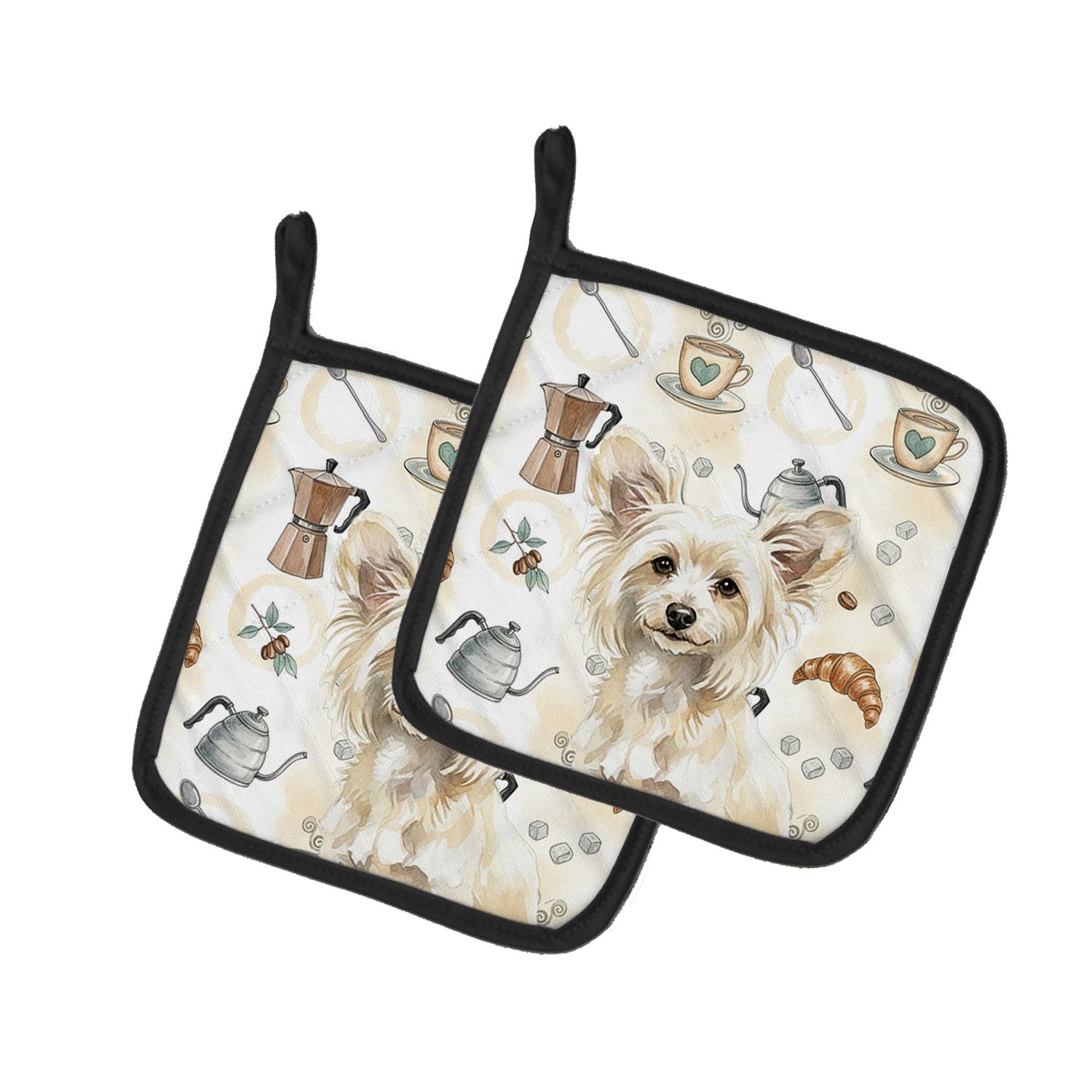 Powderpuff Chinese Crested Coffee Bar Pair of Pot Holders Pair 7.5x7.5 Quilted Insulated Hot Pads Decorative Kitchen Gift Made i