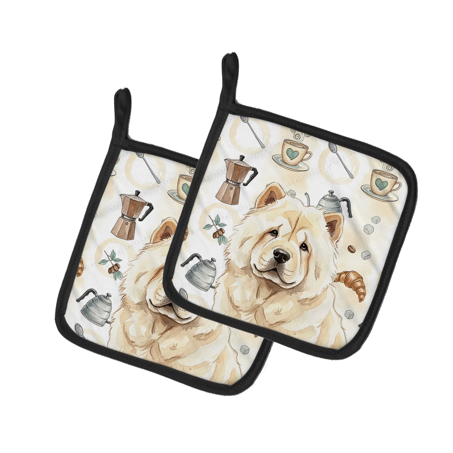 Cream Chow Chow Coffee Bar Pair of Pot Holders Pair 7.5x7.5 Quilted Insulated Hot Pads Decorative Kitchen Gift Made in USA