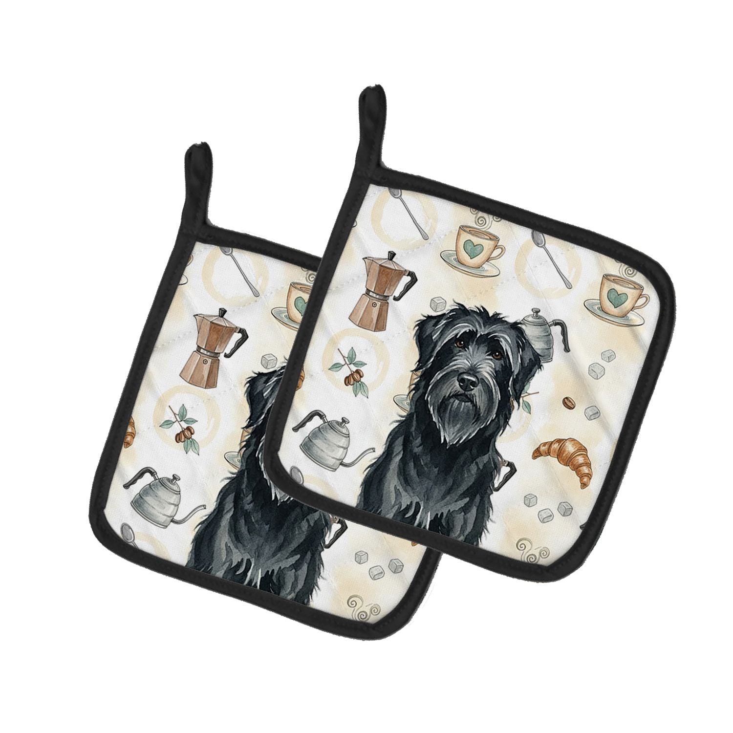 Black Briard Coffee Bar Pair of Pot Holders Pair 7.5x7.5 Quilted Insulated Hot Pads Decorative Kitchen Gift Made in USA