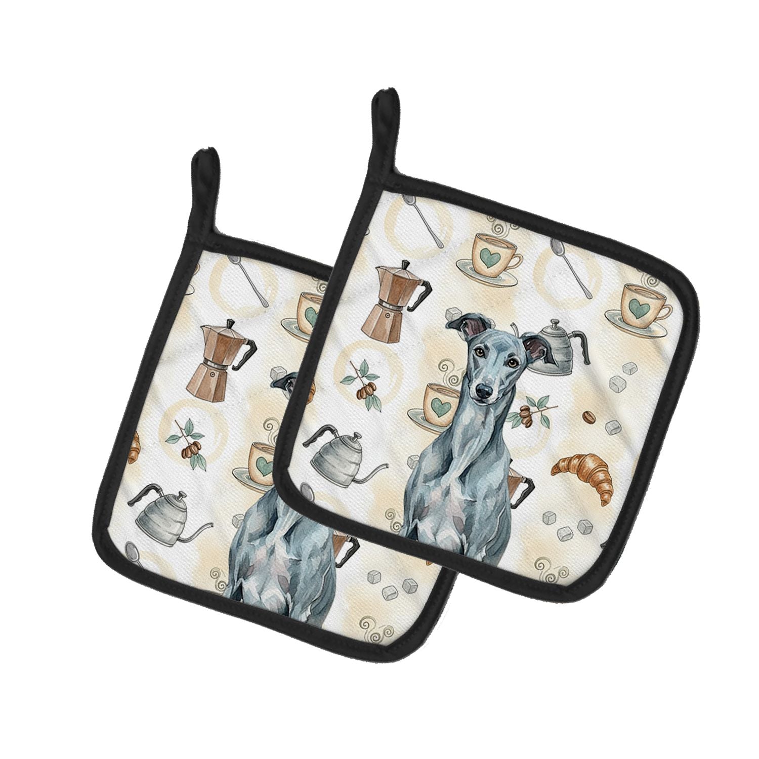 Blue Brindle Greyhound Coffee Bar Pair of Pot Holders Pair 7.5x7.5 Quilted Insulated Hot Pads Decorative Kitchen Gift Made in US