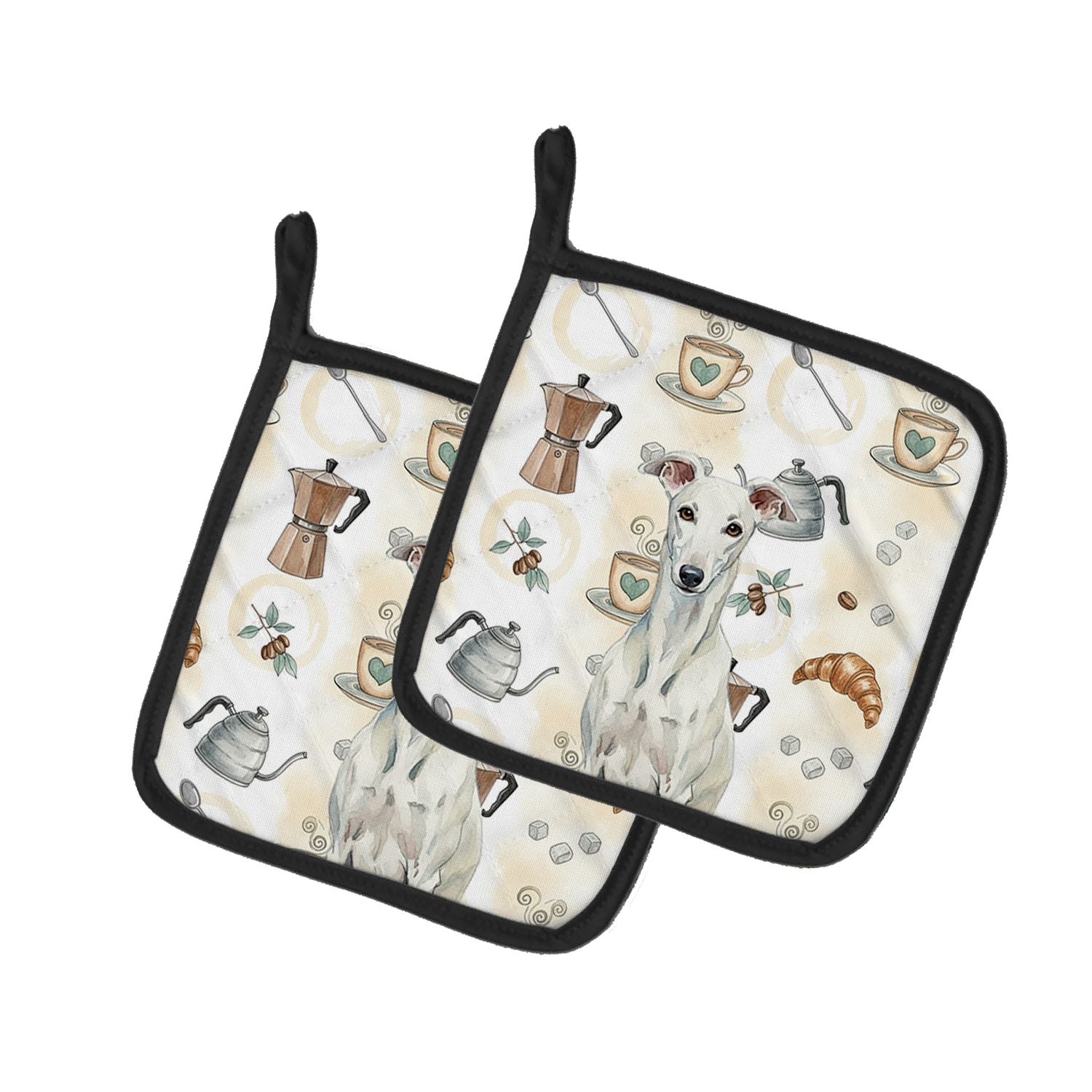 White Greyhound Coffee Bar Pair of Pot Holders Pair 7.5x7.5 Quilted Insulated Hot Pads Decorative Kitchen Gift Made in USA