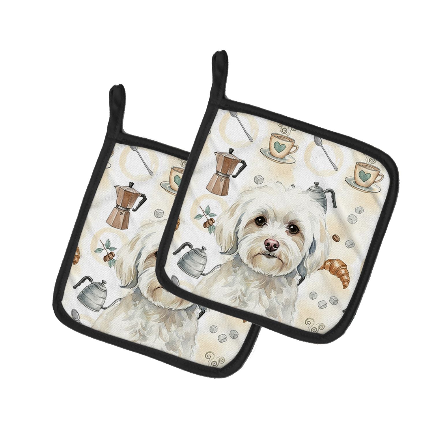 White Havanese Coffee Bar Pair of Pot Holders Pair 7.5x7.5 Quilted Insulated Hot Pads Decorative Kitchen Gift Made in USA