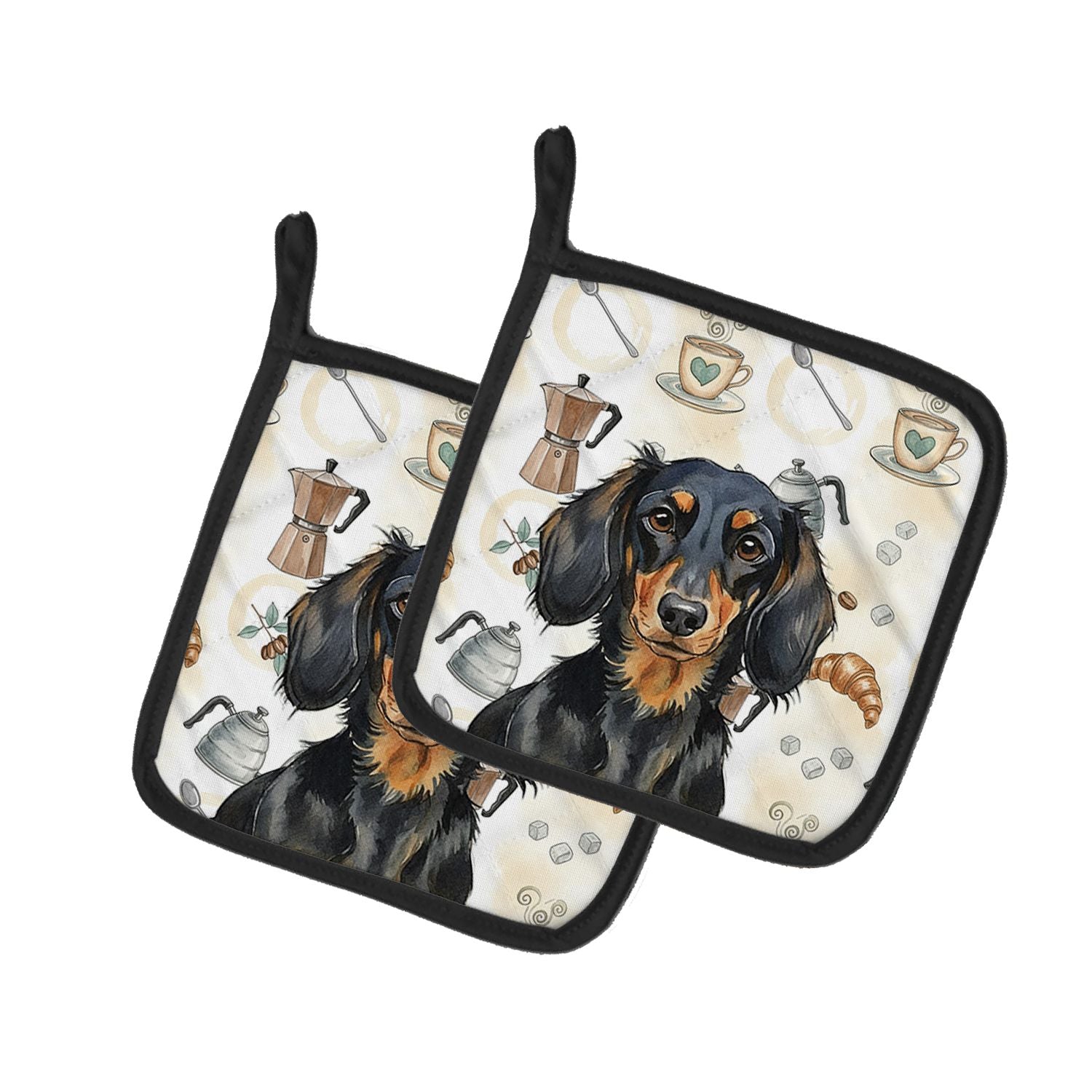 Longhaired Black and Tan Dachshund Coffee Bar Pair of Pot Holders Pair 7.5x7.5 Quilted Insulated Hot Pads Decorative Kitchen Gif