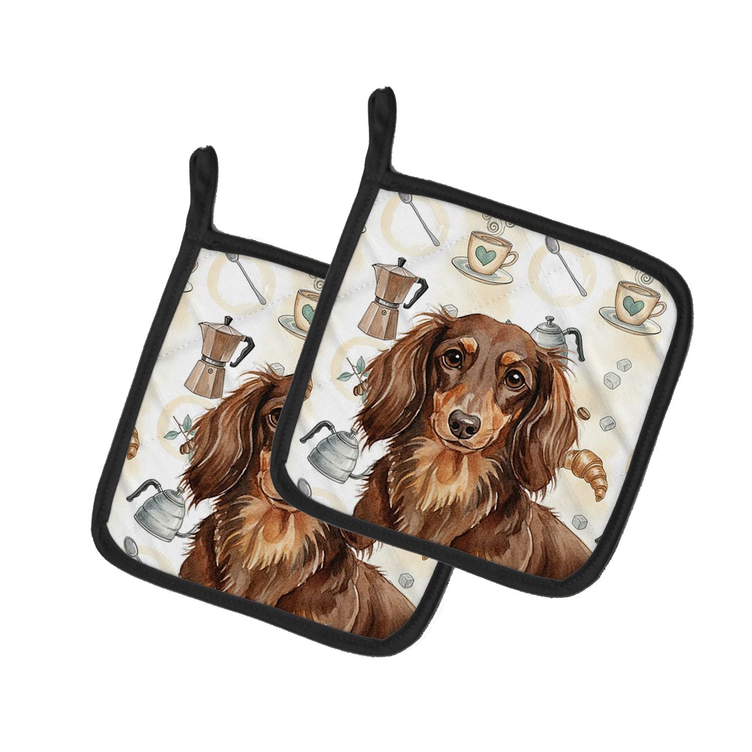 Longhaired Chocolate and Tan Dachshund Coffee Bar Pair of Pot Holders Pair 7.5x7.5 Quilted Insulated Hot Pads Decorative Kitchen