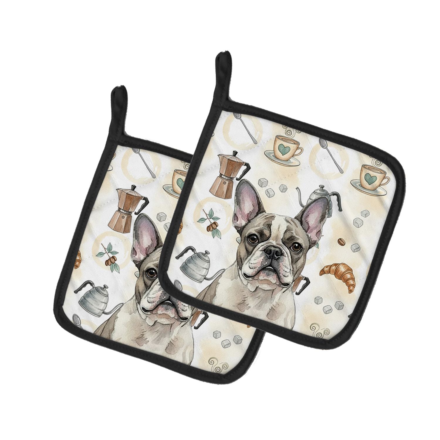 Pied French Bulldog Coffee Bar Pair of Pot Holders Pair 7.5x7.5 Quilted Insulated Hot Pads Decorative Kitchen Gift Made in USA