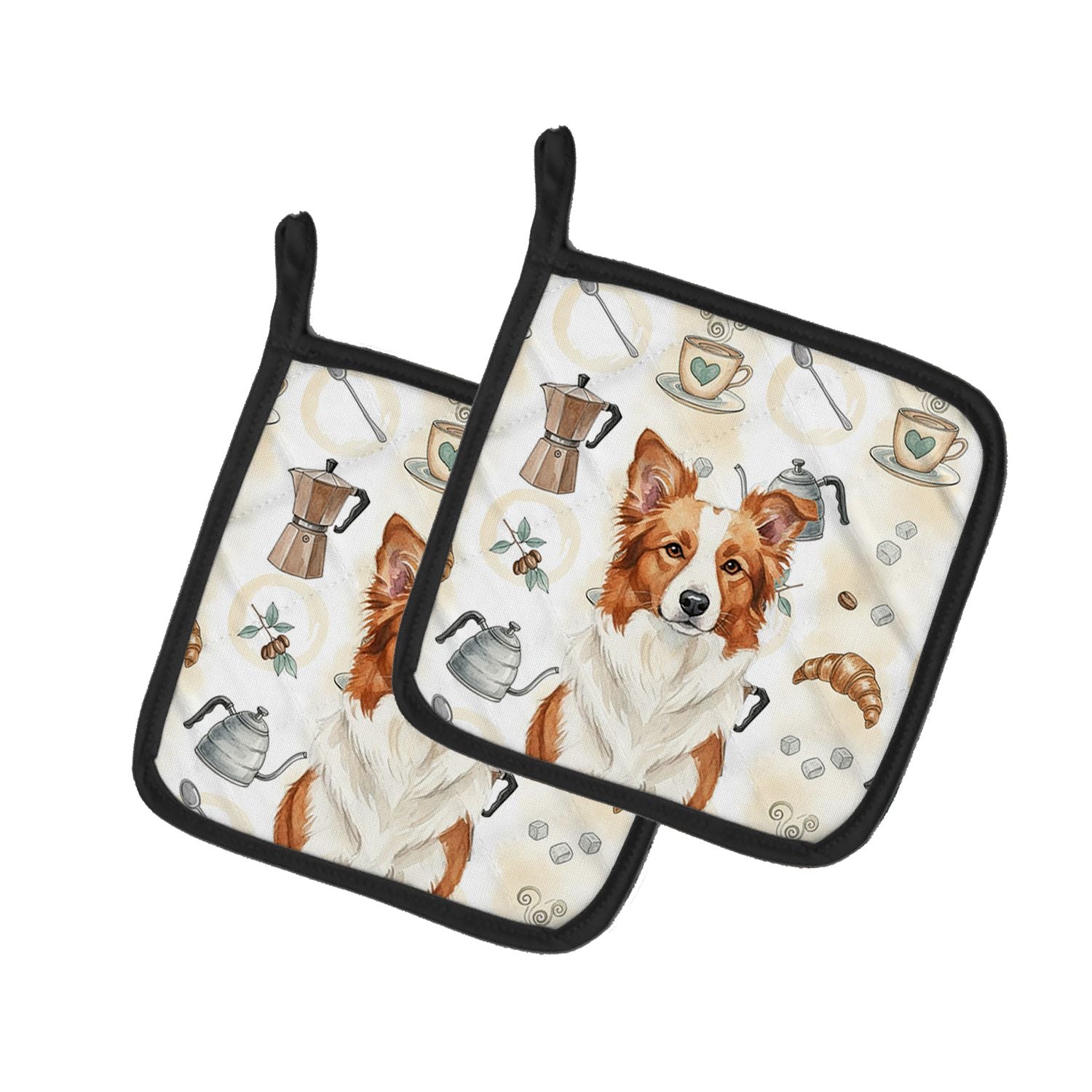 Red and White Border Collie Coffee Bar Pair of Pot Holders Pair 7.5x7.5 Quilted Insulated Hot Pads Decorative Kitchen Gift Made 