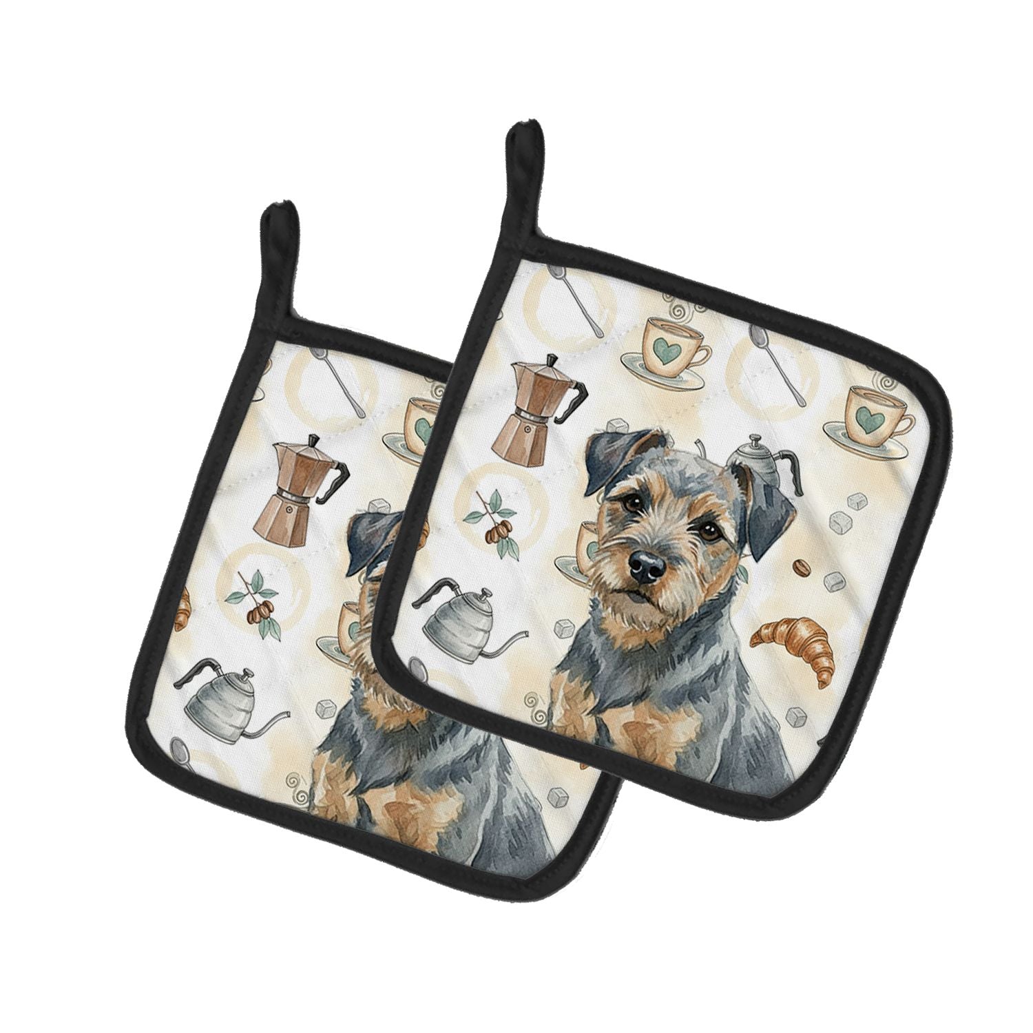 Blue and Tan Border Terrier Coffee Bar Pair of Pot Holders Pair 7.5x7.5 Quilted Insulated Hot Pads Decorative Kitchen Gift Made 