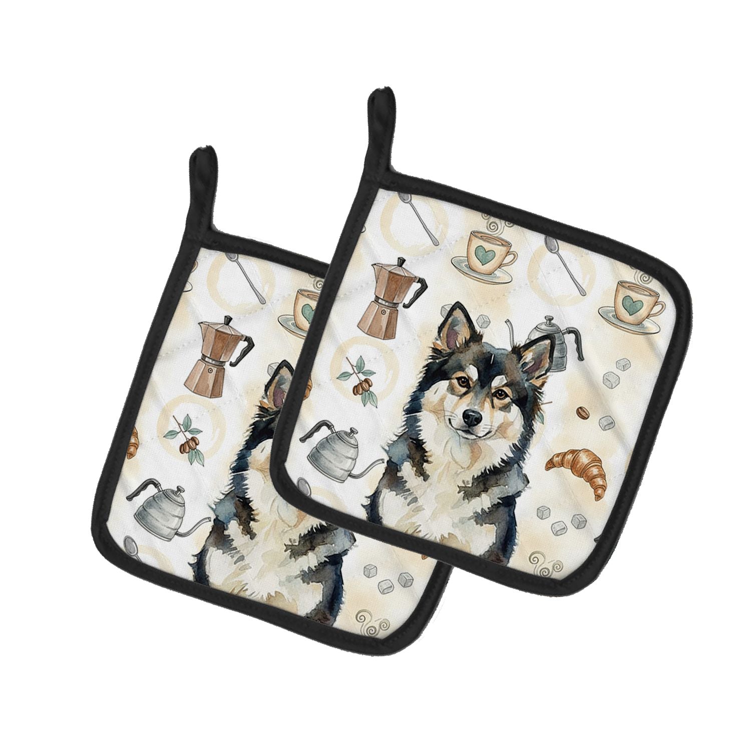 Finnish Lapphund Coffee Bar Pair of Pot Holders Pair 7.5x7.5 Quilted Insulated Hot Pads Decorative Kitchen Gift Made in USA