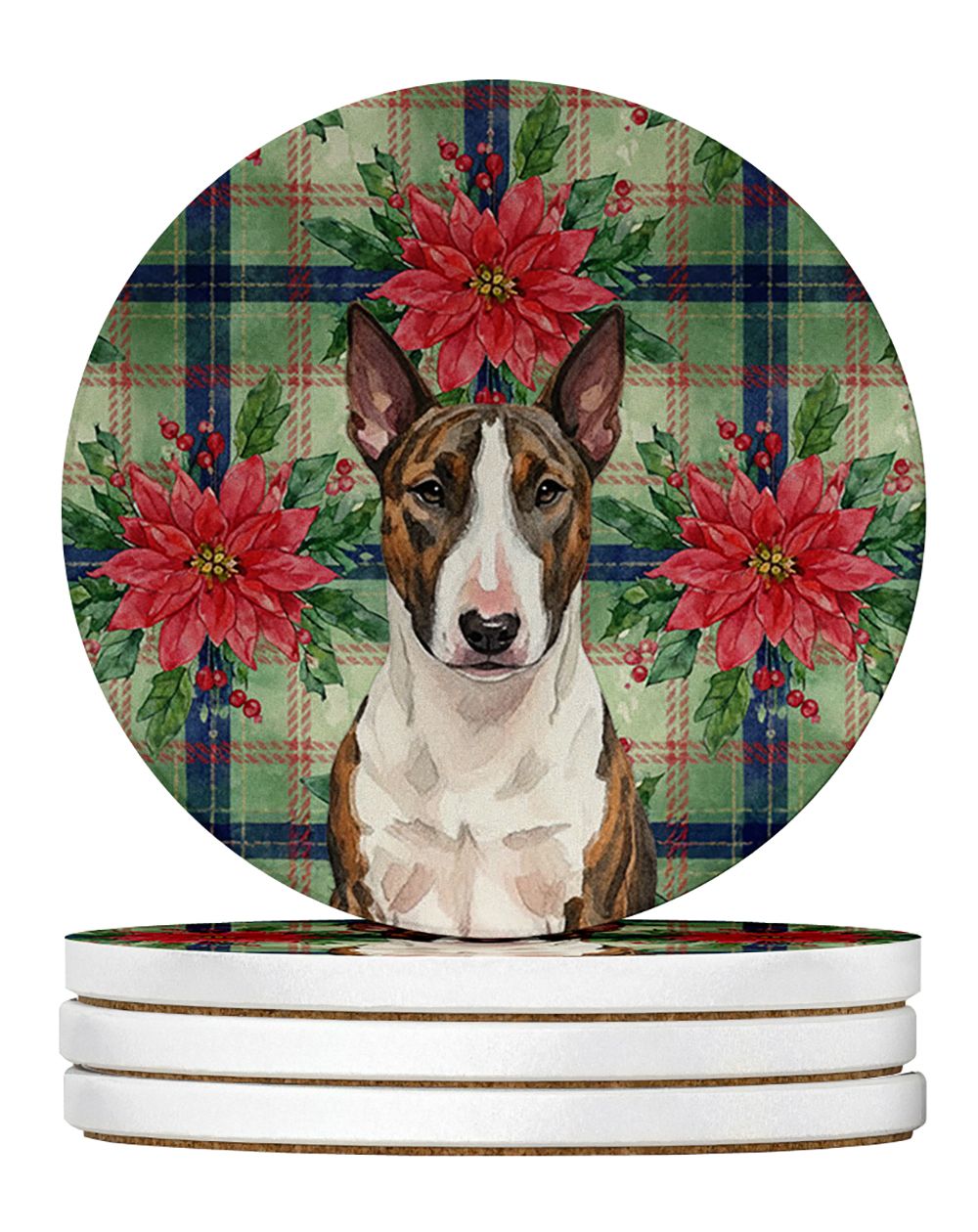 Brindle and White Bull Terrier Christmas PoinsettIas Large Sandstone Coasters Pack of 4 Absorbent Round Coasters Decor Gifts for