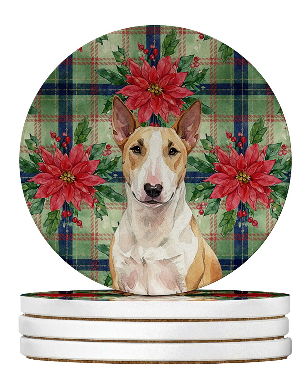 Fawn and White Bull Terrier Christmas PoinsettIas Large Sandstone Coasters Pack of 4 Absorbent Round Coasters Decor Gifts for Me
