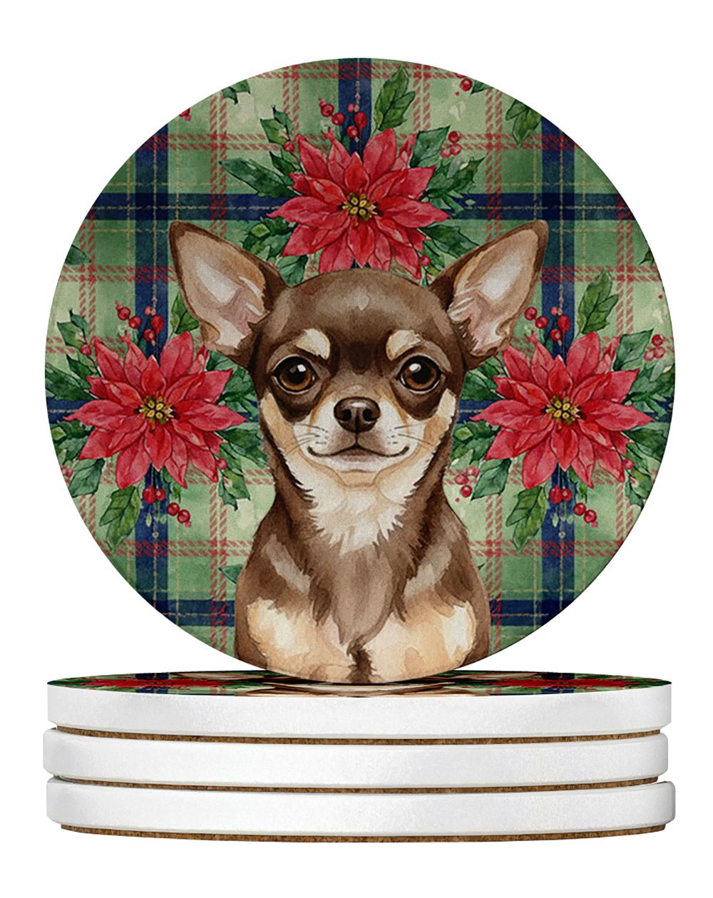 Chocolate Chihuahua Christmas PoinsettIas Large Sandstone Coasters Pack of 4 Absorbent Round Coasters Decor Gifts for Men or Wom