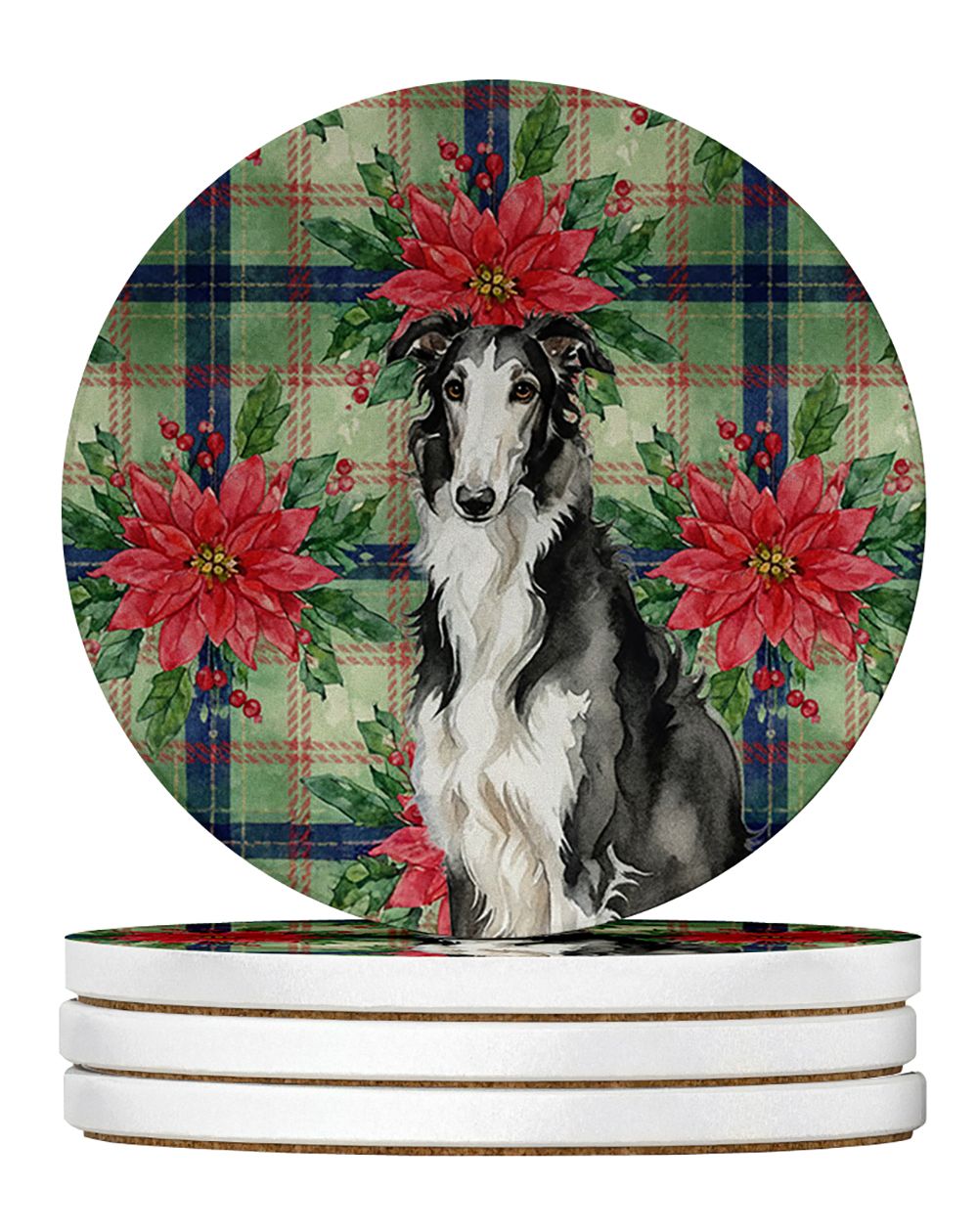 Black and White Borzoi Christmas PoinsettIas Large Sandstone Coasters Pack of 4 Absorbent Round Coasters Decor Gifts for Men or 
