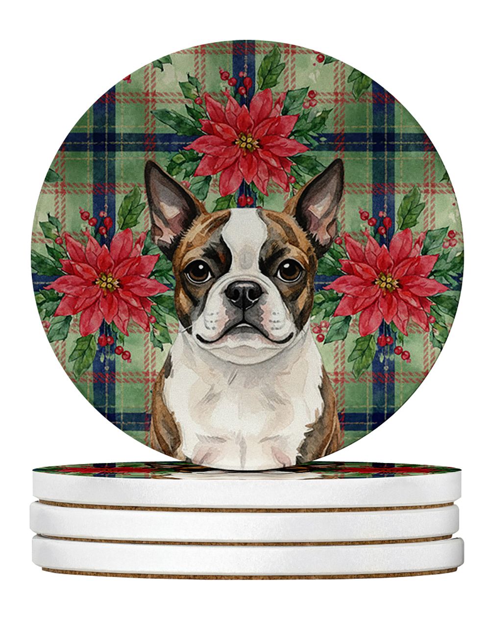 Brindle Boston Terrier Christmas PoinsettIas Large Sandstone Coasters Pack of 4 Absorbent Round Coasters Decor Gifts for Men or 