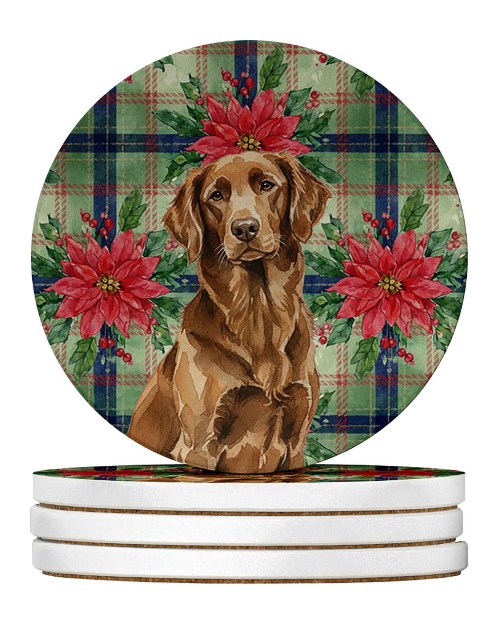 Liver Flat-Coated Retriever Christmas PoinsettIas Large Sandstone Coasters Pack of 4 Absorbent Round Coasters Decor Gifts for Me