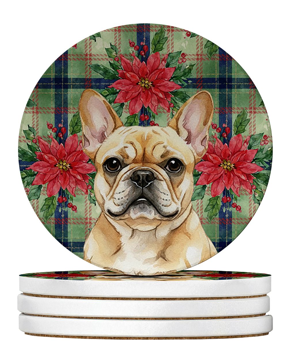 Fawn French Bulldog Christmas PoinsettIas Large Sandstone Coasters Pack of 4 Absorbent Round Coasters Decor Gifts for Men or Wom