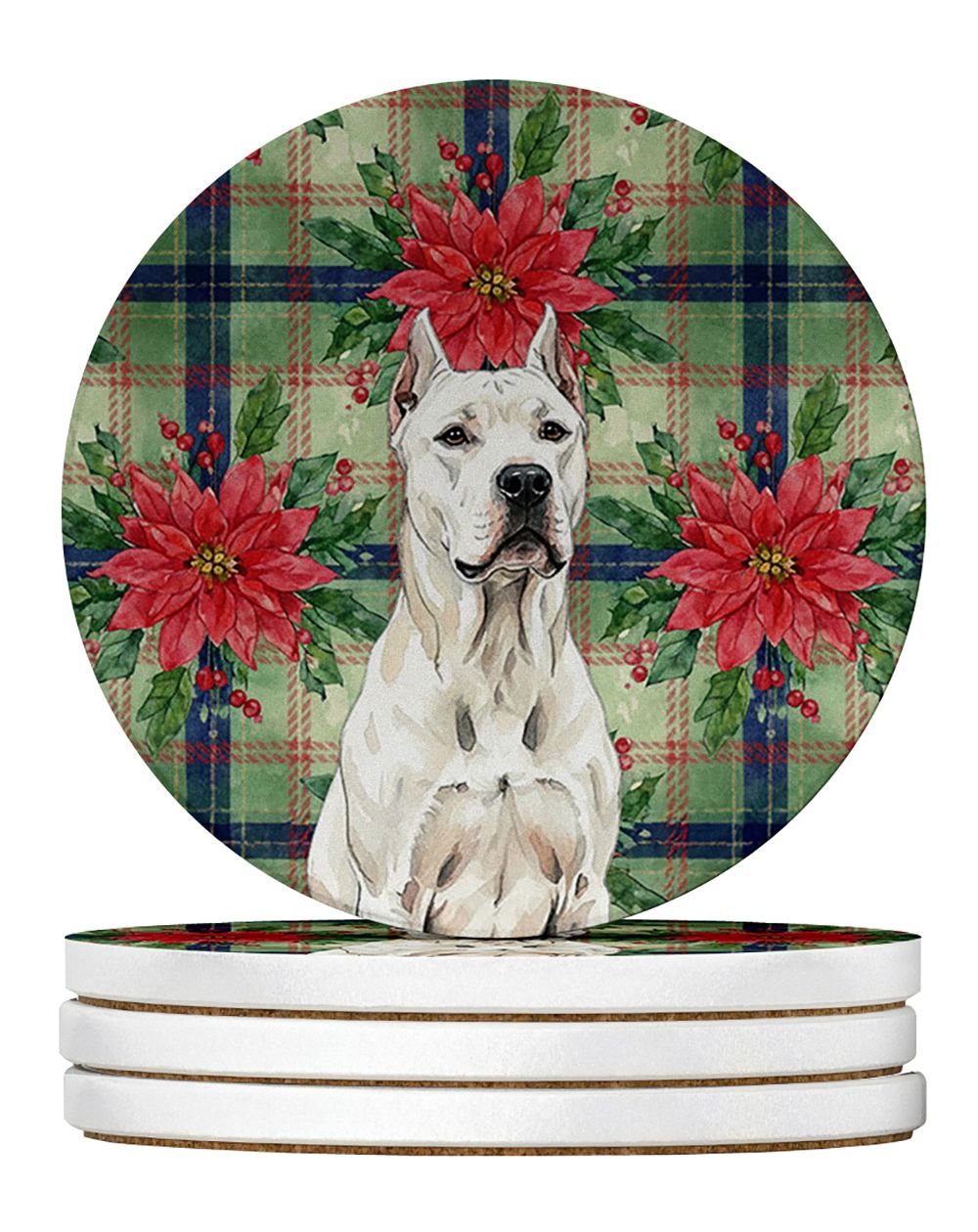 Dogo Argentino Christmas PoinsettIas Large Sandstone Coasters Pack of 4 Absorbent Round Coasters Decor Gifts for Men or Women, 4