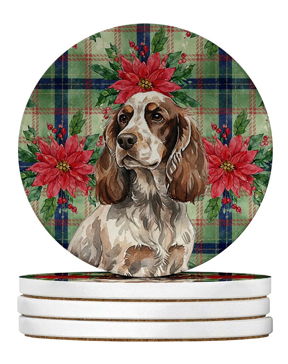 Liver Roan English Cocker Spaniel Christmas PoinsettIas Large Sandstone Coasters Pack of 4 Absorbent Round Coasters Decor Gifts 