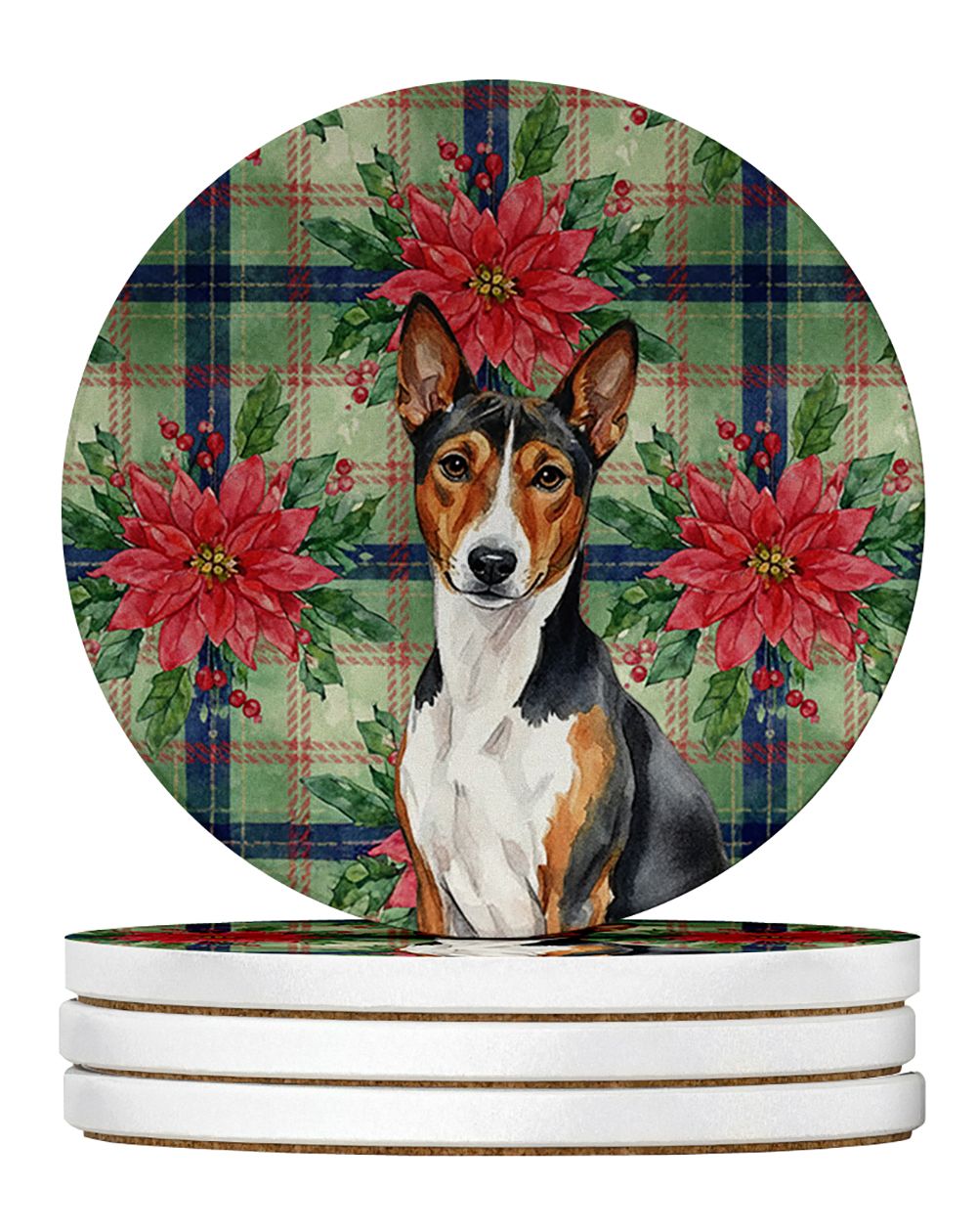 Tricolor and White Basenji Christmas PoinsettIas Large Sandstone Coasters Pack of 4 Absorbent Round Coasters Decor Gifts for Men