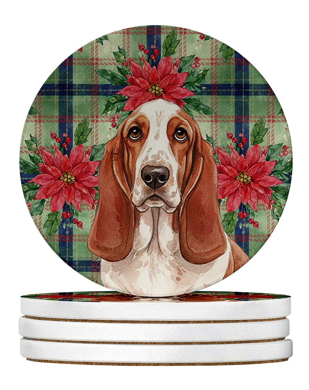 Red and White Basset Hound Christmas PoinsettIas Large Sandstone Coasters Pack of 4 Absorbent Round Coasters Decor Gifts for Men