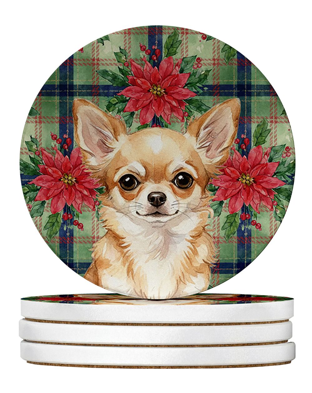 Fawn Chihuahua Christmas PoinsettIas Large Sandstone Coasters Pack of 4 Absorbent Round Coasters Decor Gifts for Men or Women, 4