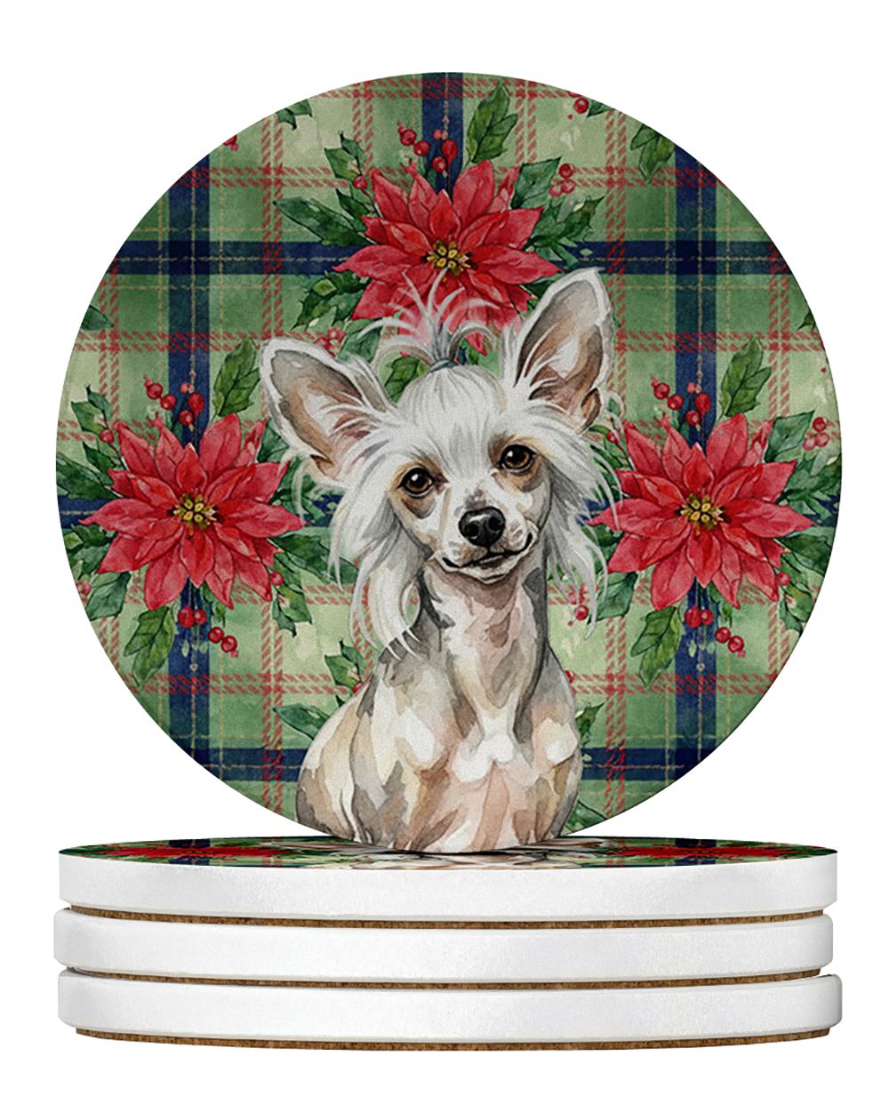 Hairless Mottled Pattern Chinese Crested Christmas PoinsettIas Large Sandstone Coasters Pack of 4 Absorbent Round Coasters Decor