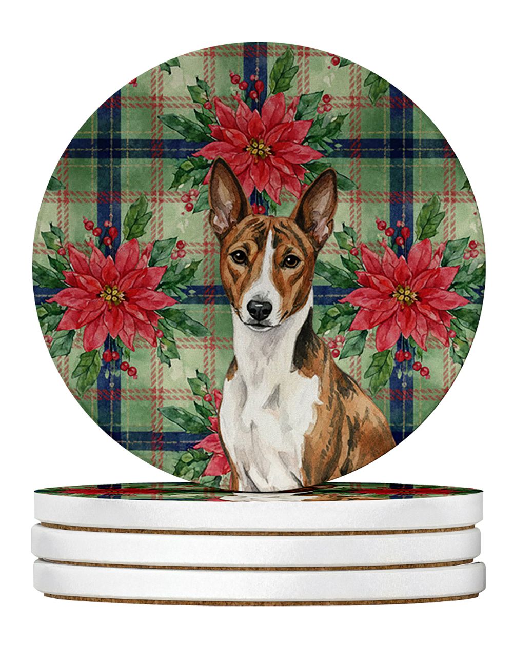 Brindle and White Basenji Christmas PoinsettIas Large Sandstone Coasters Pack of 4 Absorbent Round Coasters Decor Gifts for Men 