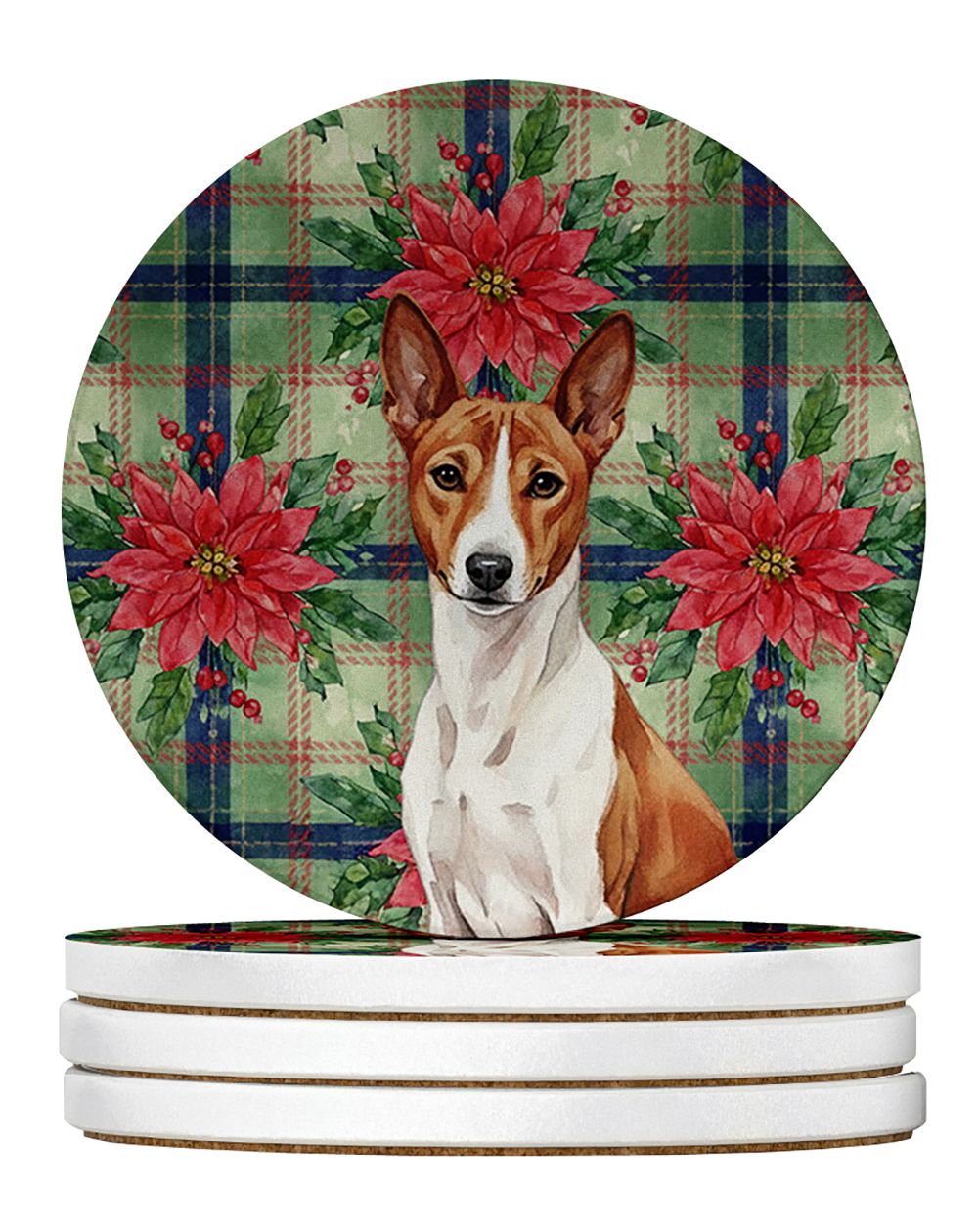 Red and White Basenji Christmas PoinsettIas Large Sandstone Coasters Pack of 4 Absorbent Round Coasters Decor Gifts for Men or W