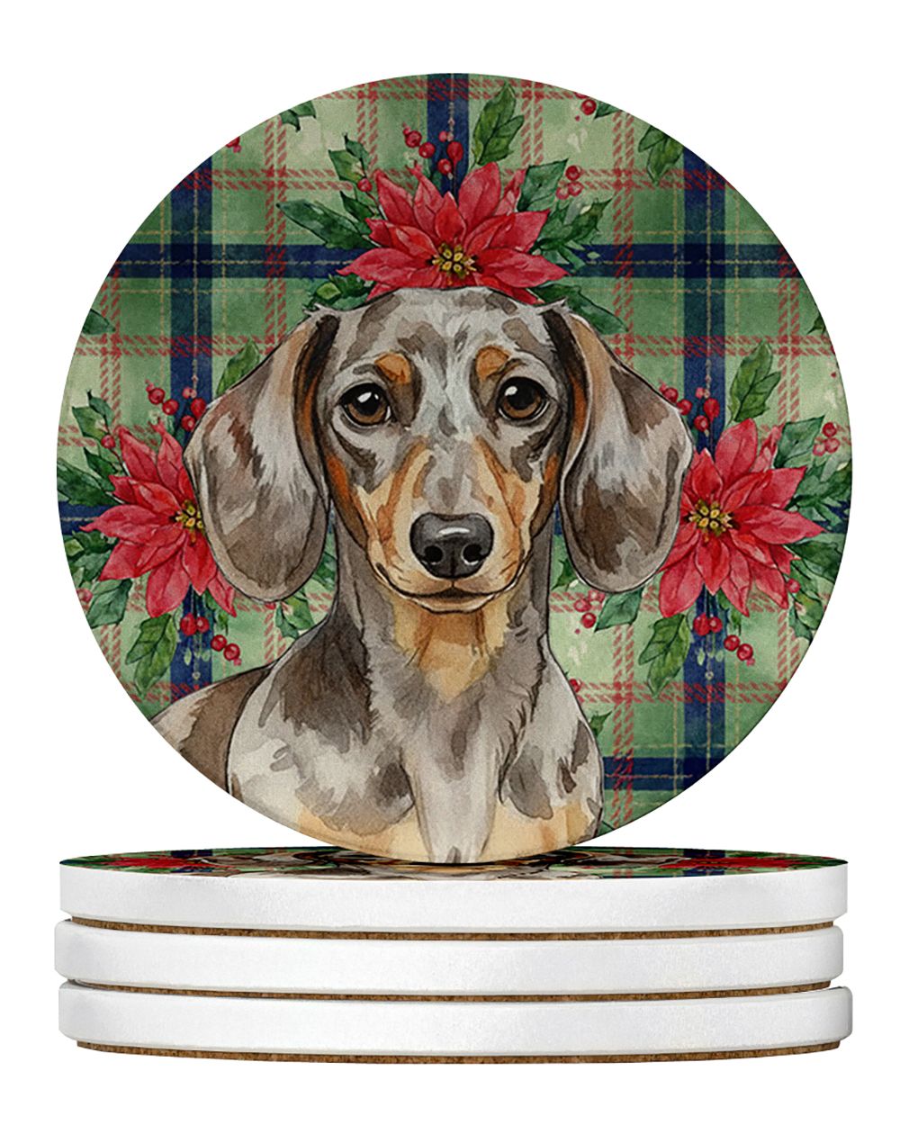 Dapple Dachshund Christmas PoinsettIas Large Sandstone Coasters Pack of 4 Absorbent Round Coasters Decor Gifts for Men or Women,