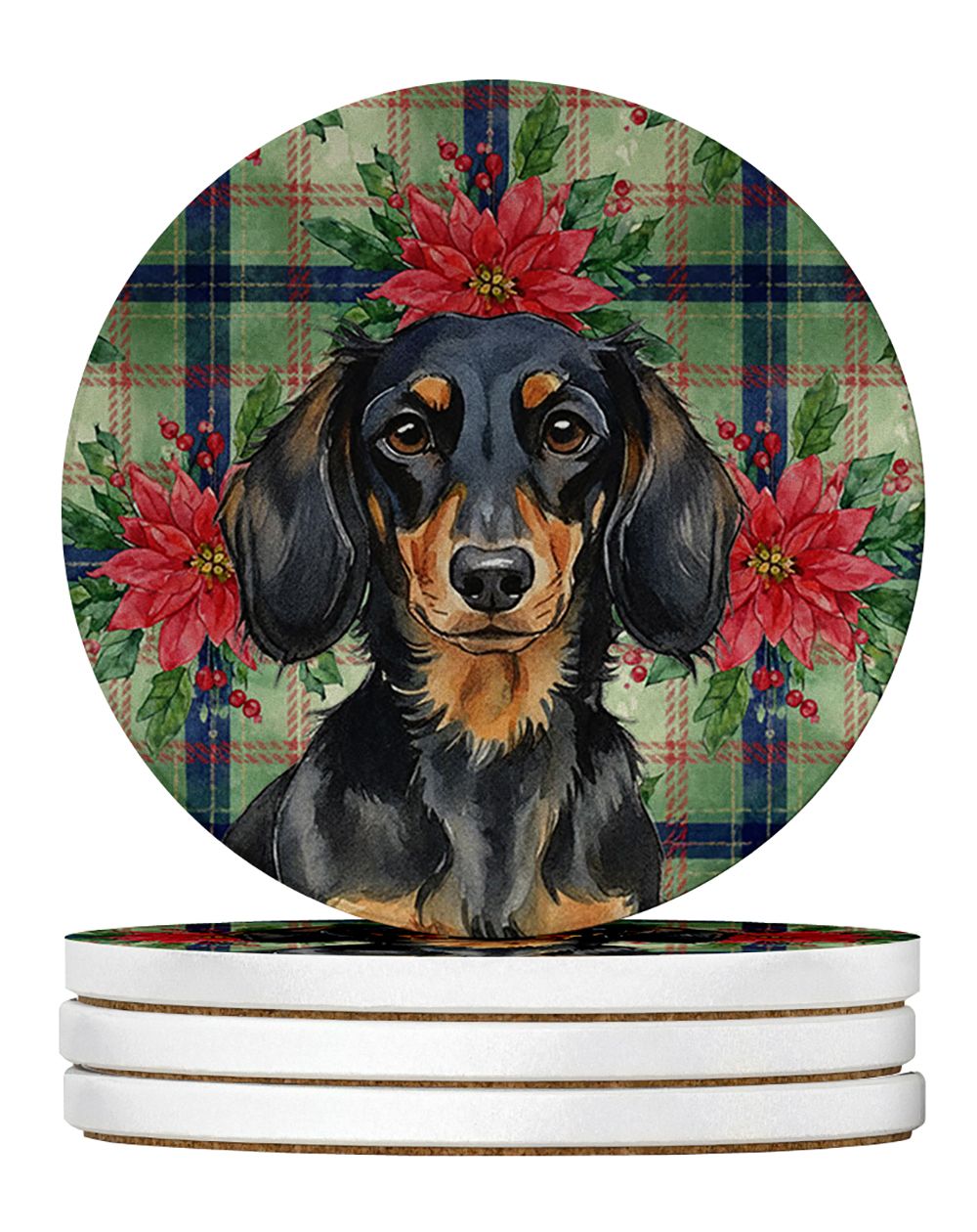 Longhaired Black and Tan Dachshund Christmas PoinsettIas Large Sandstone Coasters Pack of 4 Absorbent Round Coasters Decor Gifts